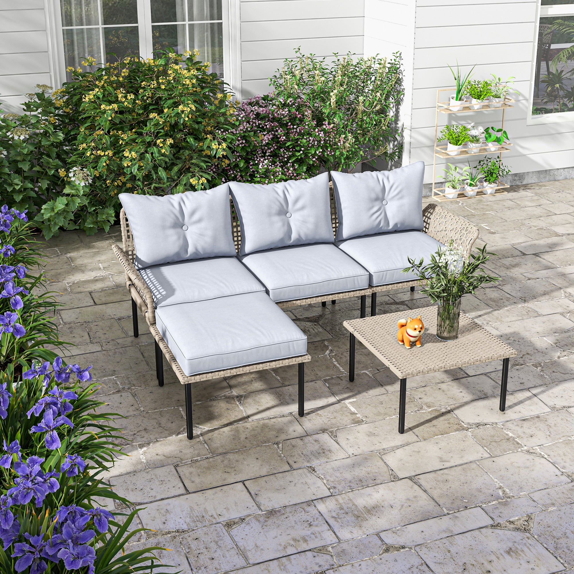 5-Piece Modular PE Rattan Patio Sectional Set with Cushions & Coffee Table