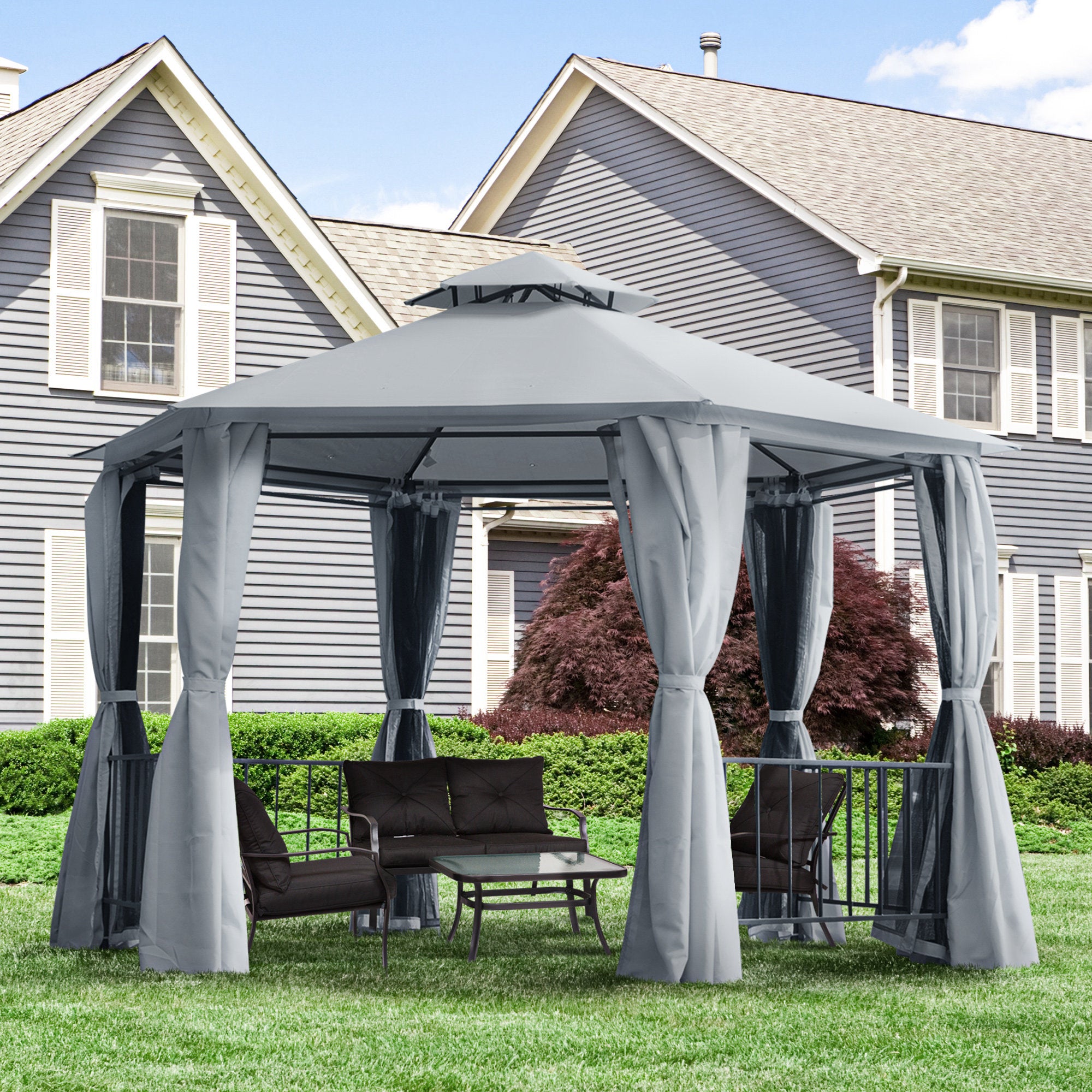 Outdoor Canopy Gazebo with Curtains – Steel Frame Patio Tent for Backyard, Garden, & Events