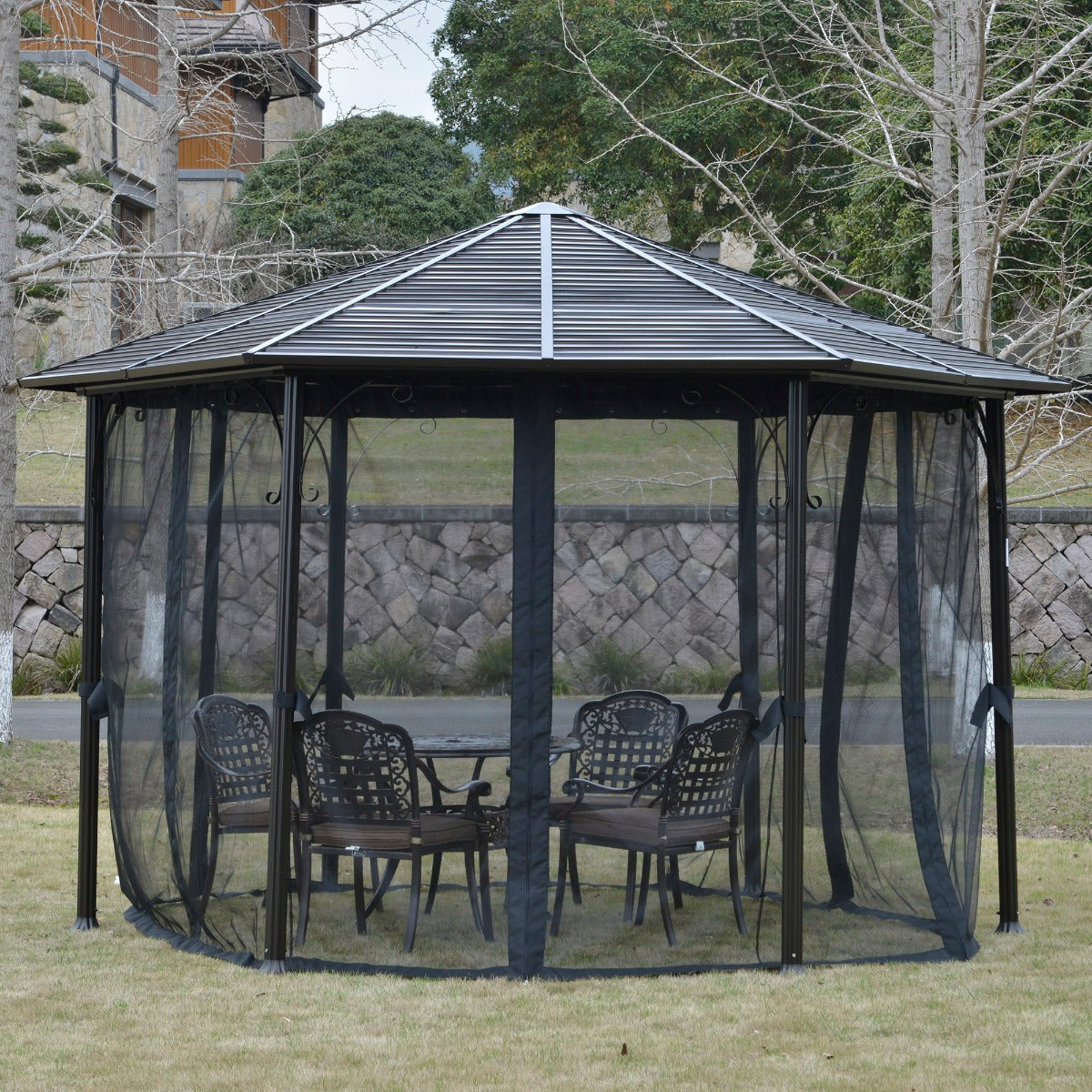 Metal Hardtop Gazebo with Netting and Curtains
