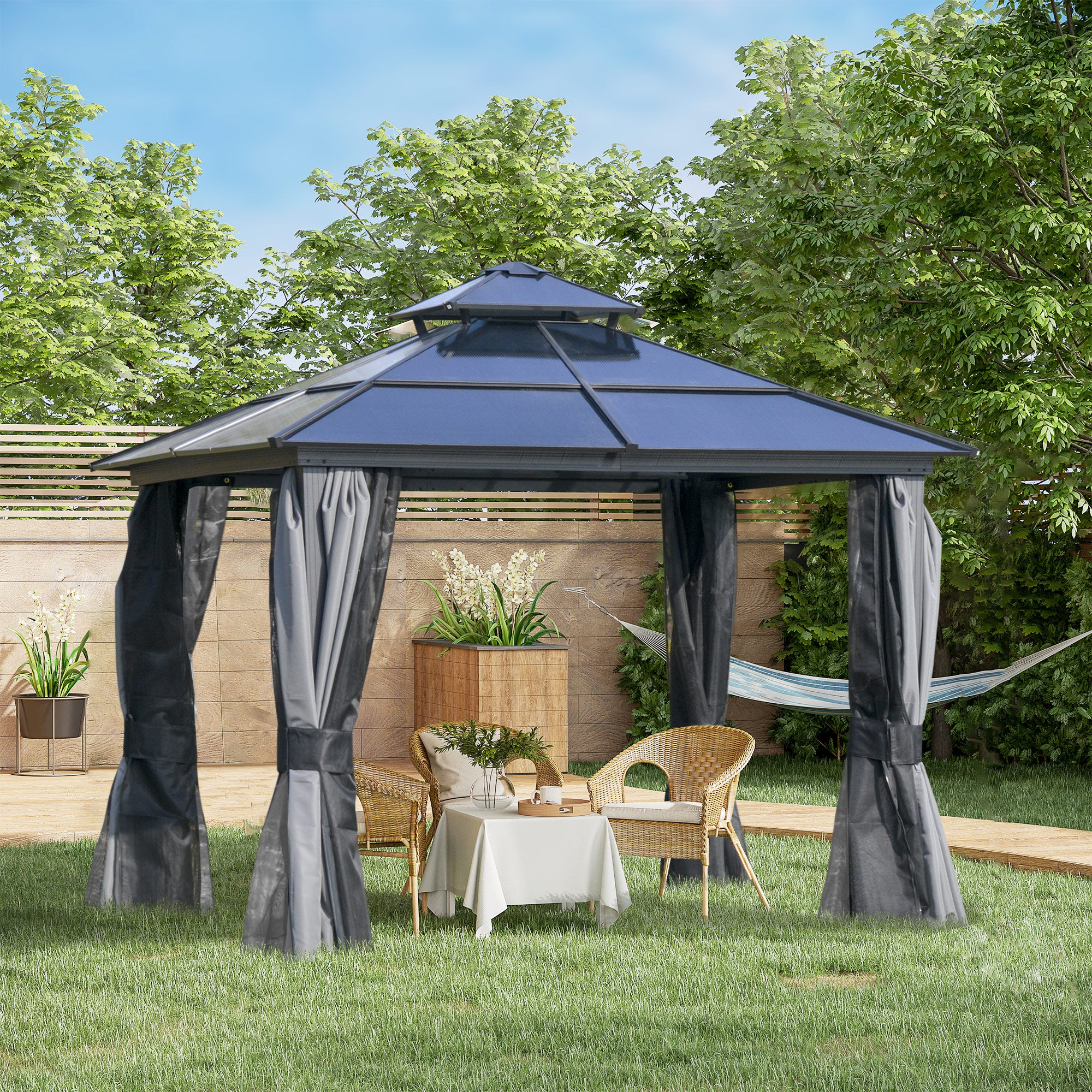 Aluminum Hardtop Gazebo with Curtains & Mesh Netting