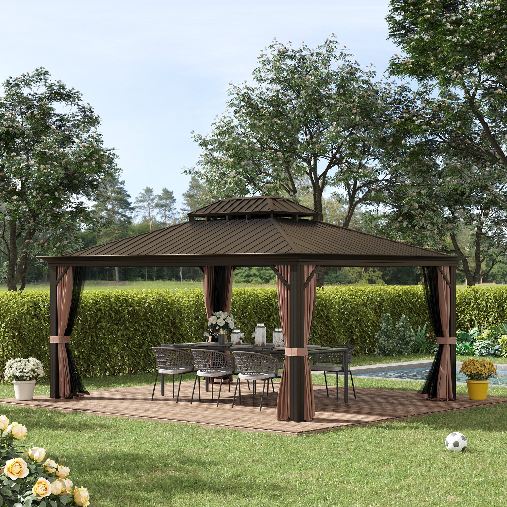 Hardtop Aluminum Gazebo with Curtains & Mesh Netting