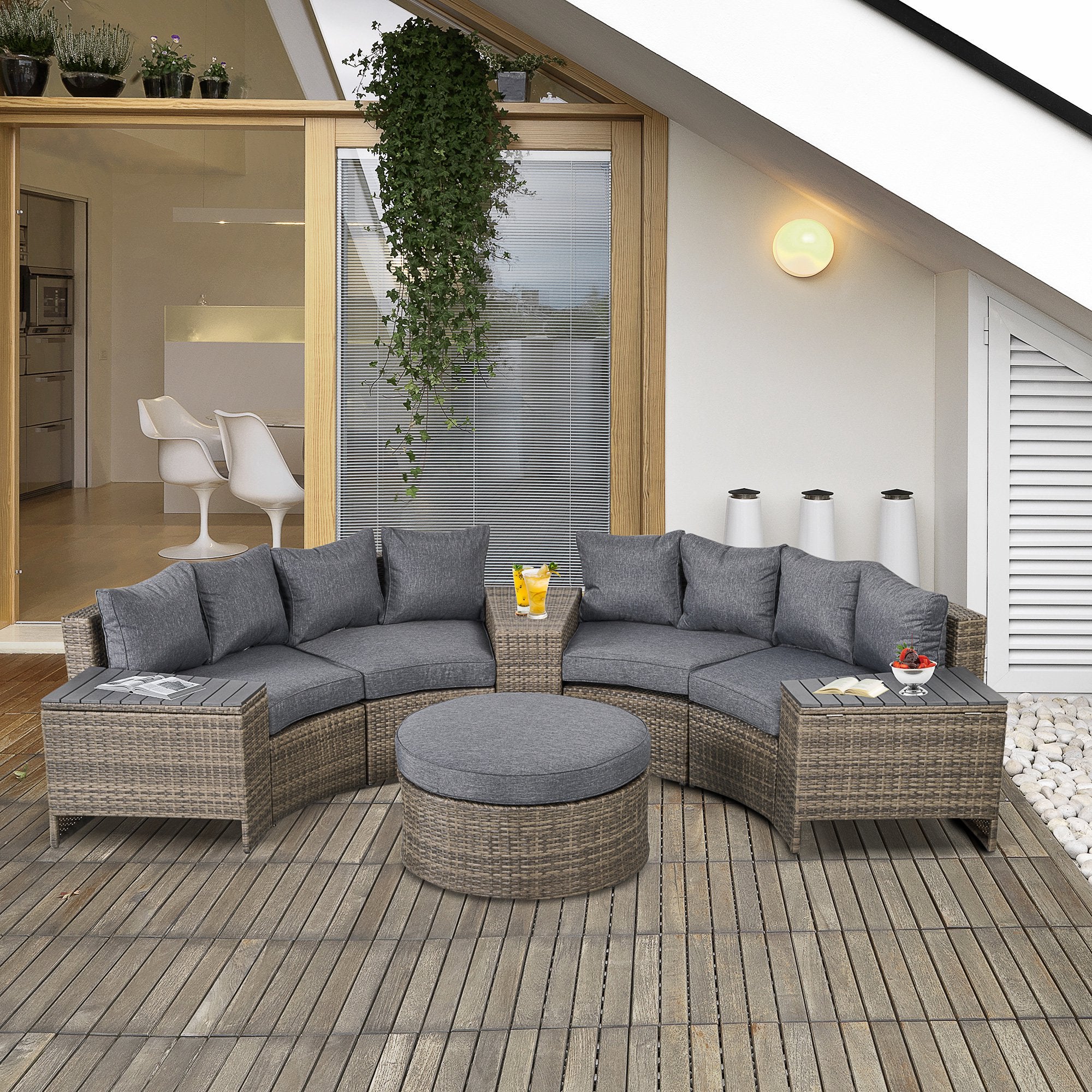 8-Piece Modular Wicker Patio Furniture Set – Outdoor Rattan Sofa with Side Tables, Cushions & Coffee Table