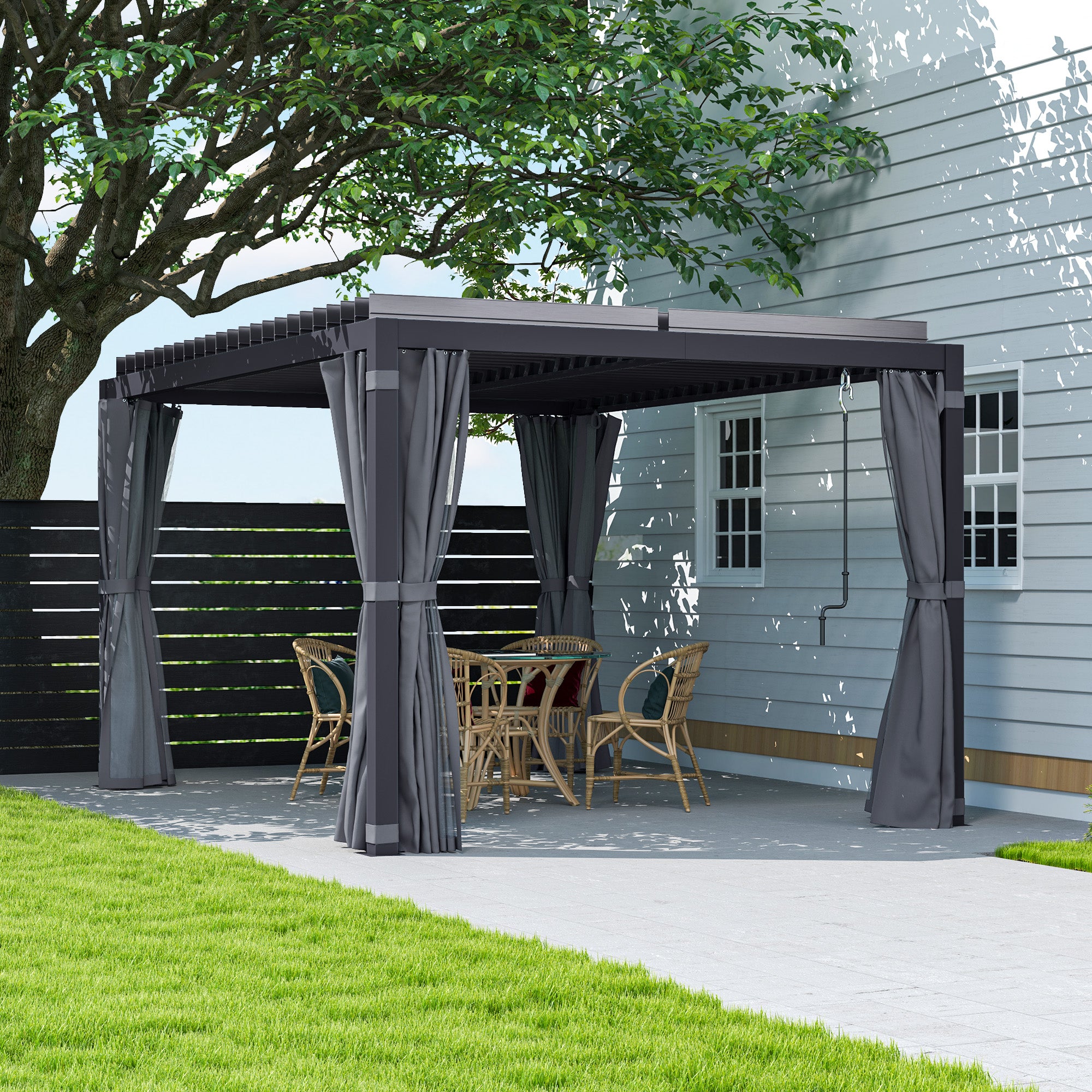10' x 13' Adjustable Louvered Pergola with Curtains & Netting – Outdoor Aluminum Patio Gazebo for Shade & Privacy