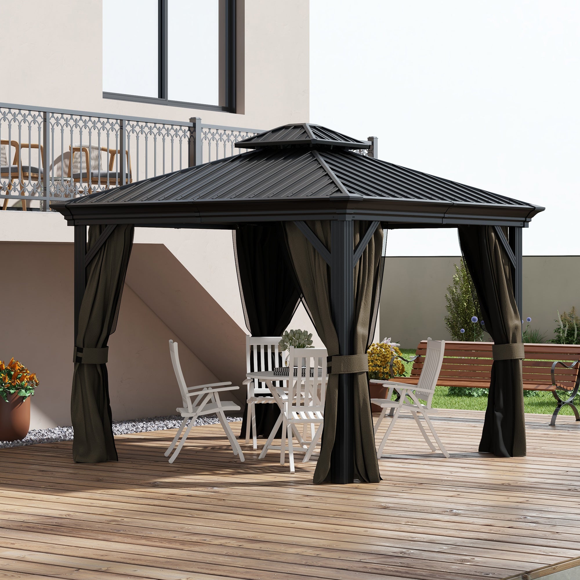 Metal Hardtop Gazebo with Curtains & Mesh Netting