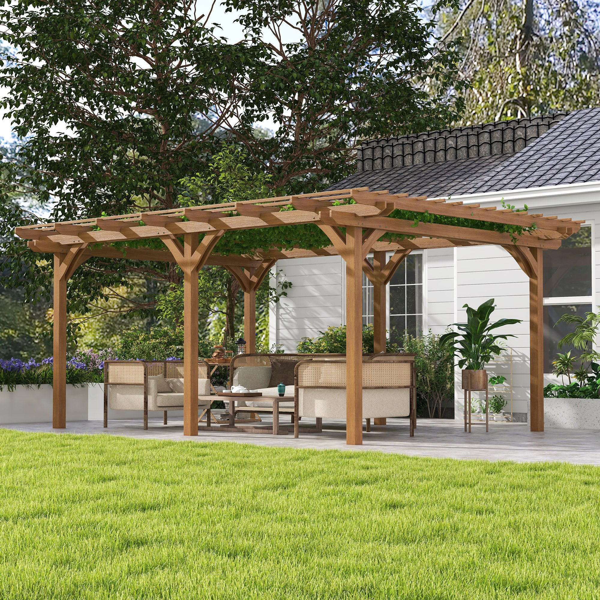 16' x 12' Wooden Garden Pergola with Open Roof Trellis