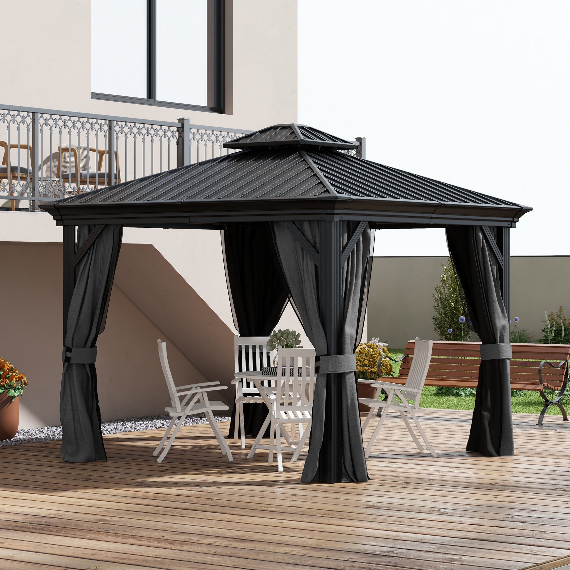 Metal Hardtop Gazebo with Curtains & Mesh Netting