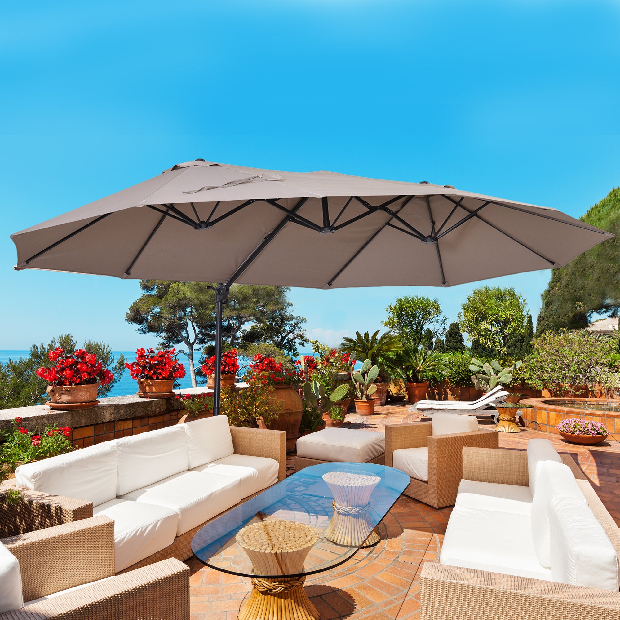 14.4 ft Double-Sided Offset Patio Umbrella with Crank Lift – Outdoor Cantilever Sun Shade for Patio, Deck, Garden, or Pool