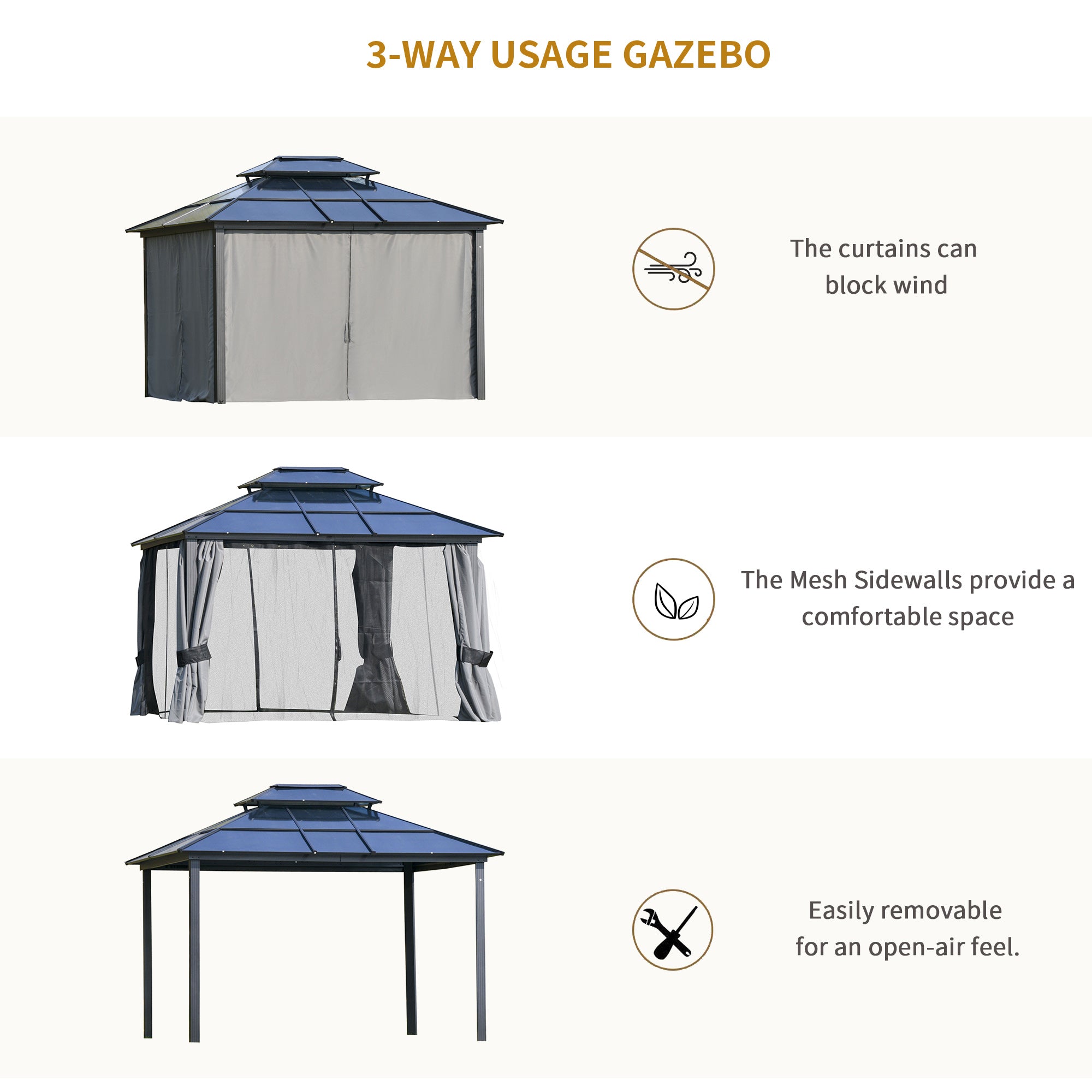Aluminum Hardtop Gazebo with Curtains & Mesh Netting
