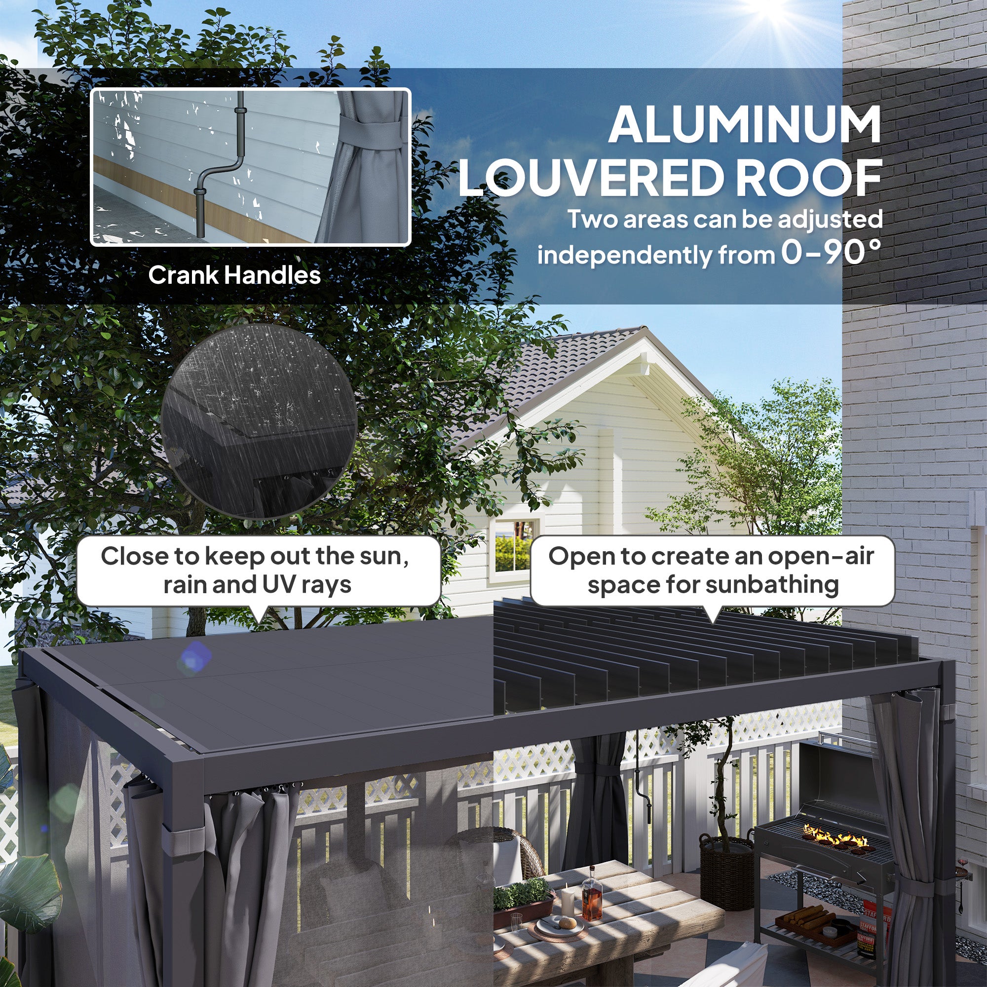 10' x 13' Adjustable Louvered Pergola with Curtains & Netting – Outdoor Aluminum Patio Gazebo for Shade & Privacy