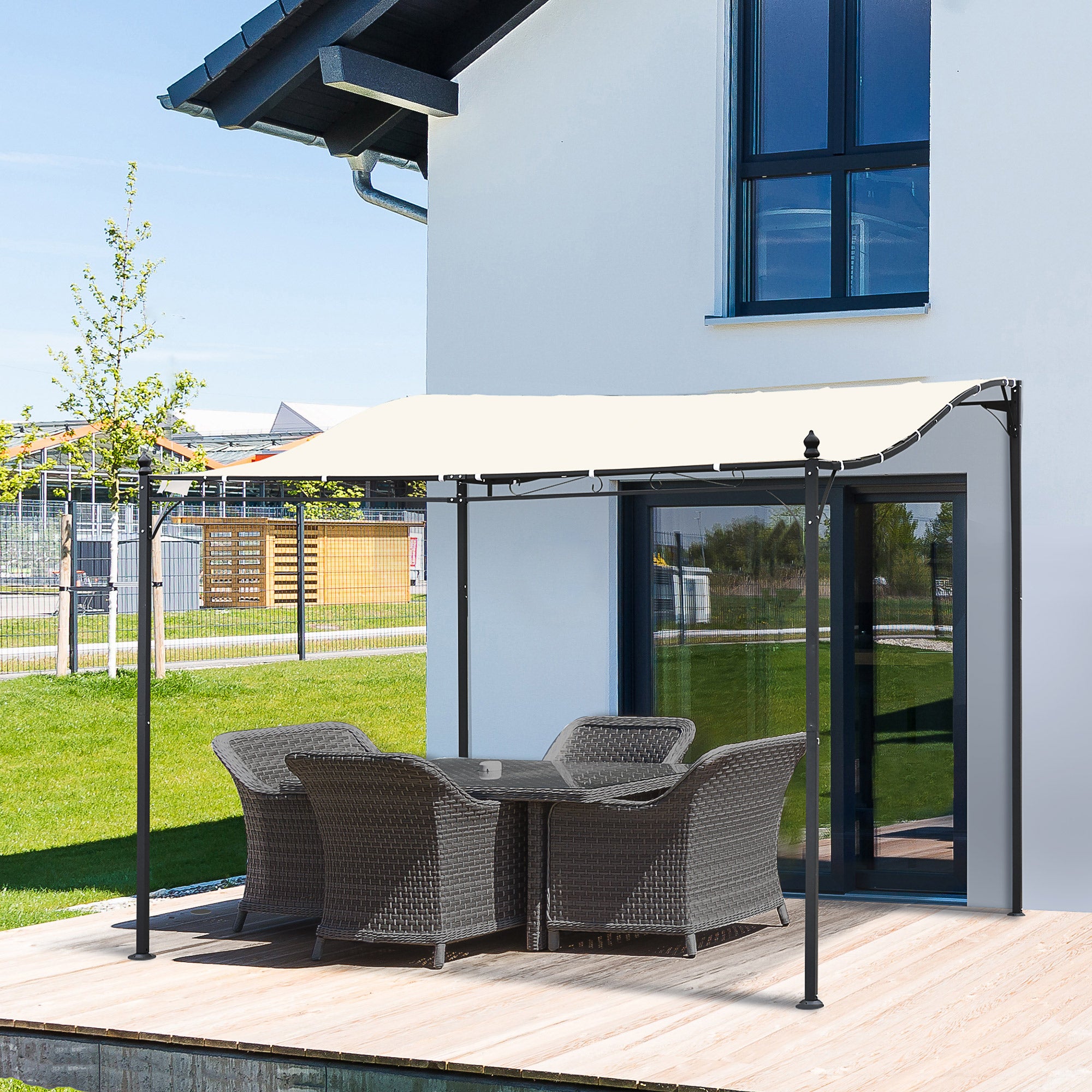 10' x 10' Wall-Mounted Patio Pergola with Canopy – European-Inspired Outdoor Shade