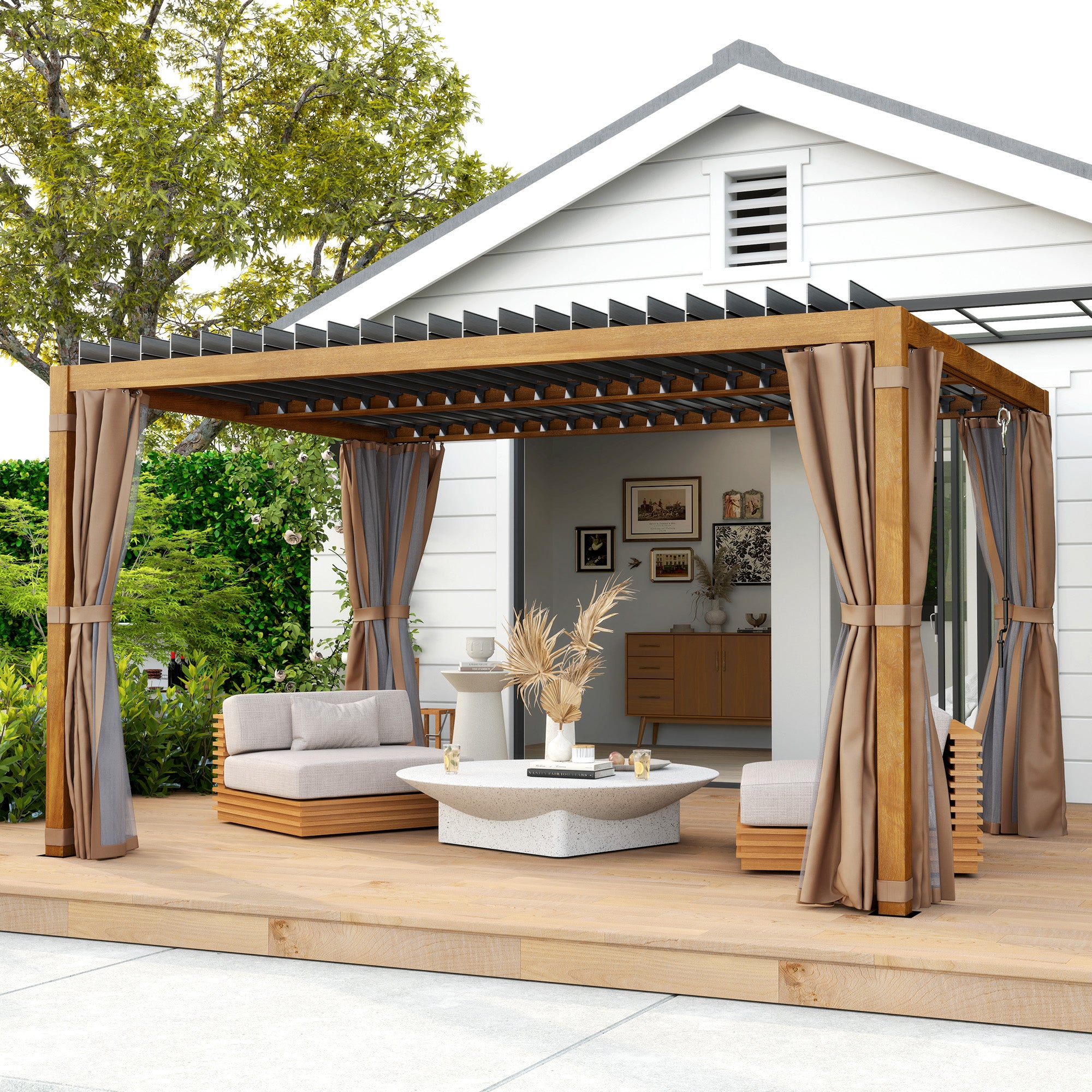10' x 13' Adjustable Louvered Pergola with Curtains & Netting – Outdoor Aluminum Patio Gazebo for Shade & Privacy