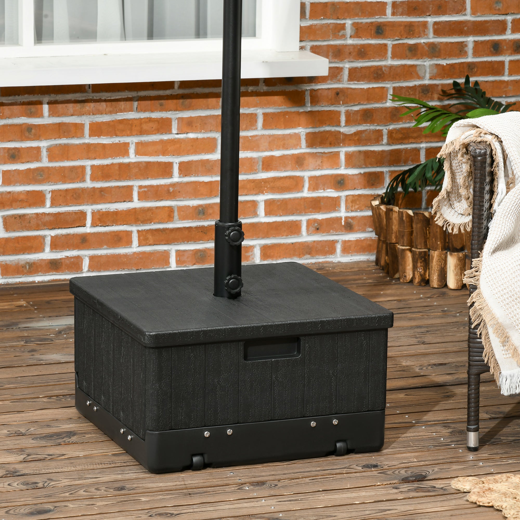 Fillable Patio Umbrella Base with Adjustable Table Tray – Heavy-Duty Outdoor Umbrella Stand with Wheels – Fits 1.5"/1.9" Poles