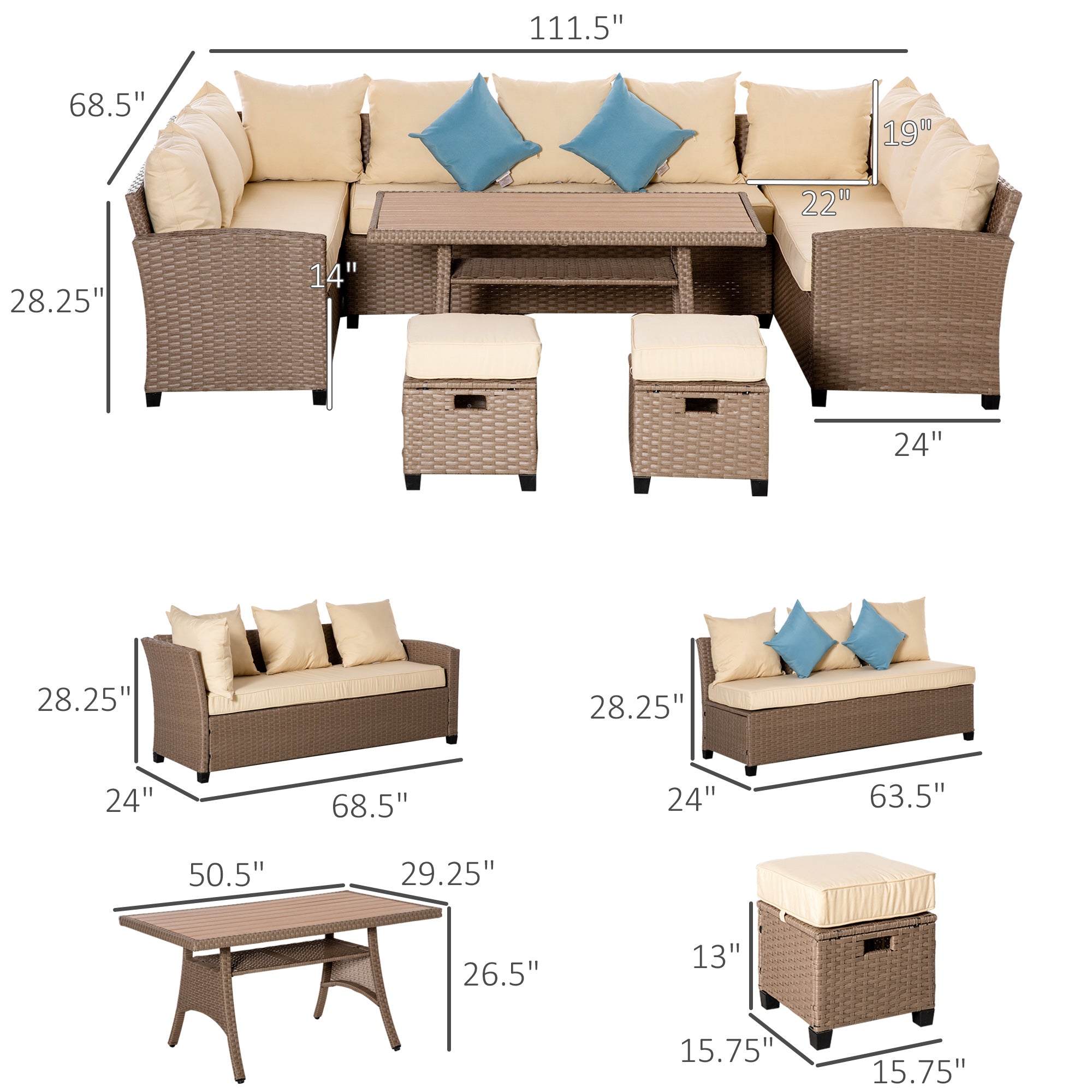 11-Piece Outdoor Sectional Sofa Set with Table & Ottomans