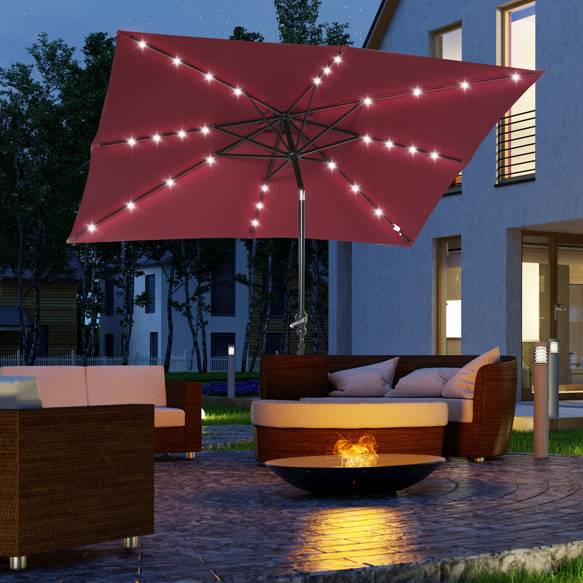 9 ft Solar LED Patio Umbrella with Tilt, Crank, and Vent – Outdoor Market Umbrella for Backyard, Deck, Pool