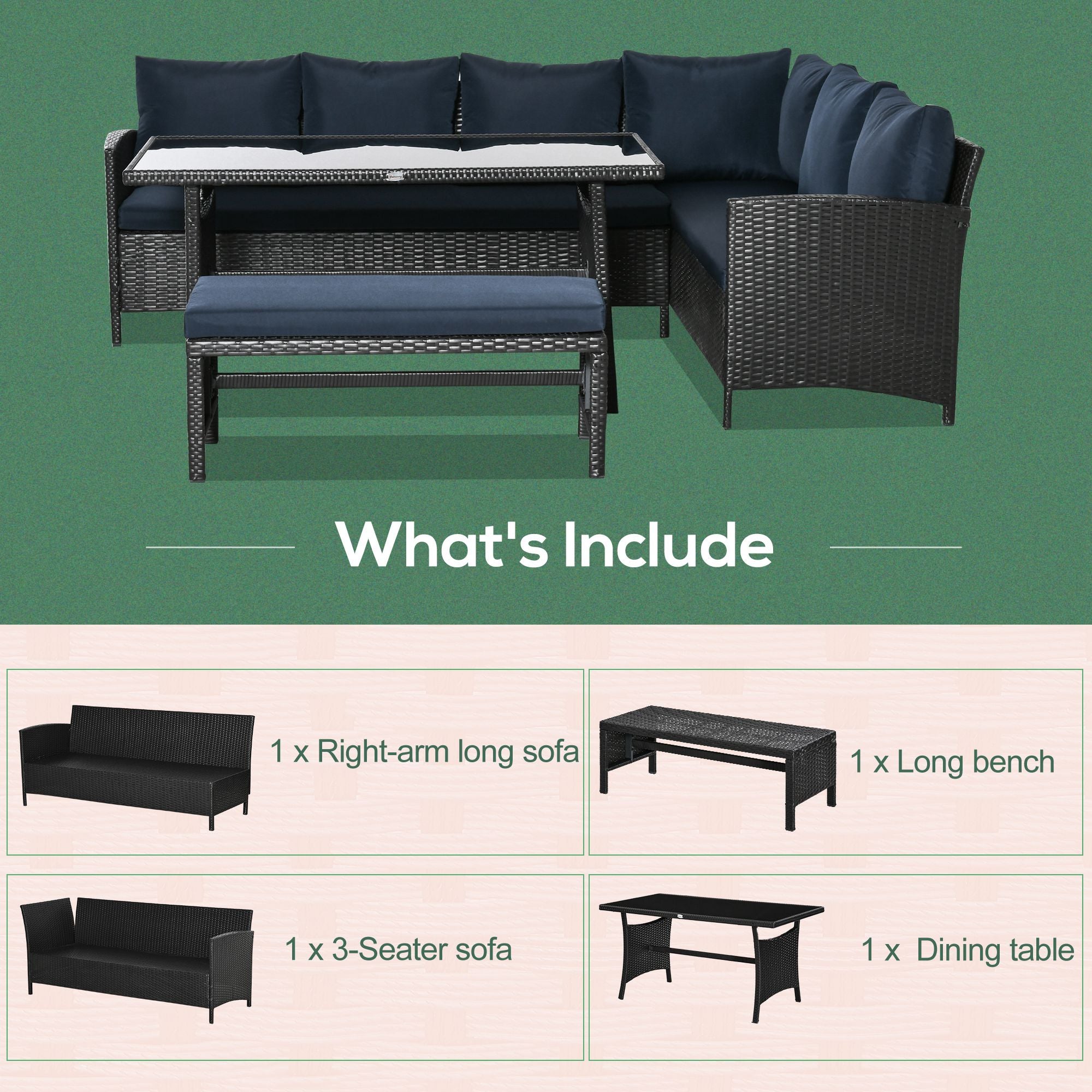 4-Piece Outdoor Rattan Patio Sofa Set – Dining Lounge with Cushions & Glass Table