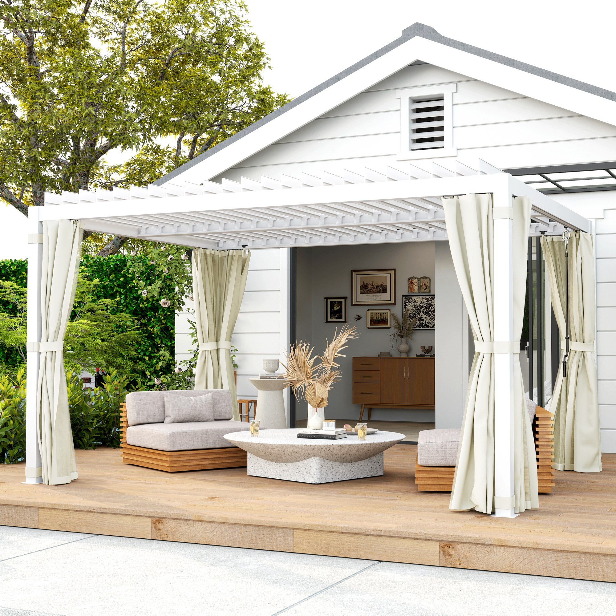 10' x 13' Adjustable Louvered Pergola with Curtains & Netting – Outdoor Aluminum Patio Gazebo for Shade & Privacy
