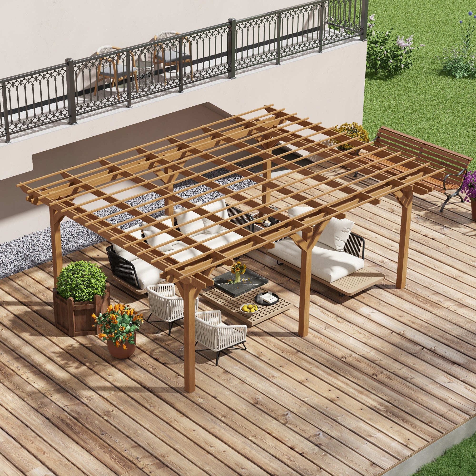 16' x 12' Wooden Garden Pergola with Open Roof Trellis