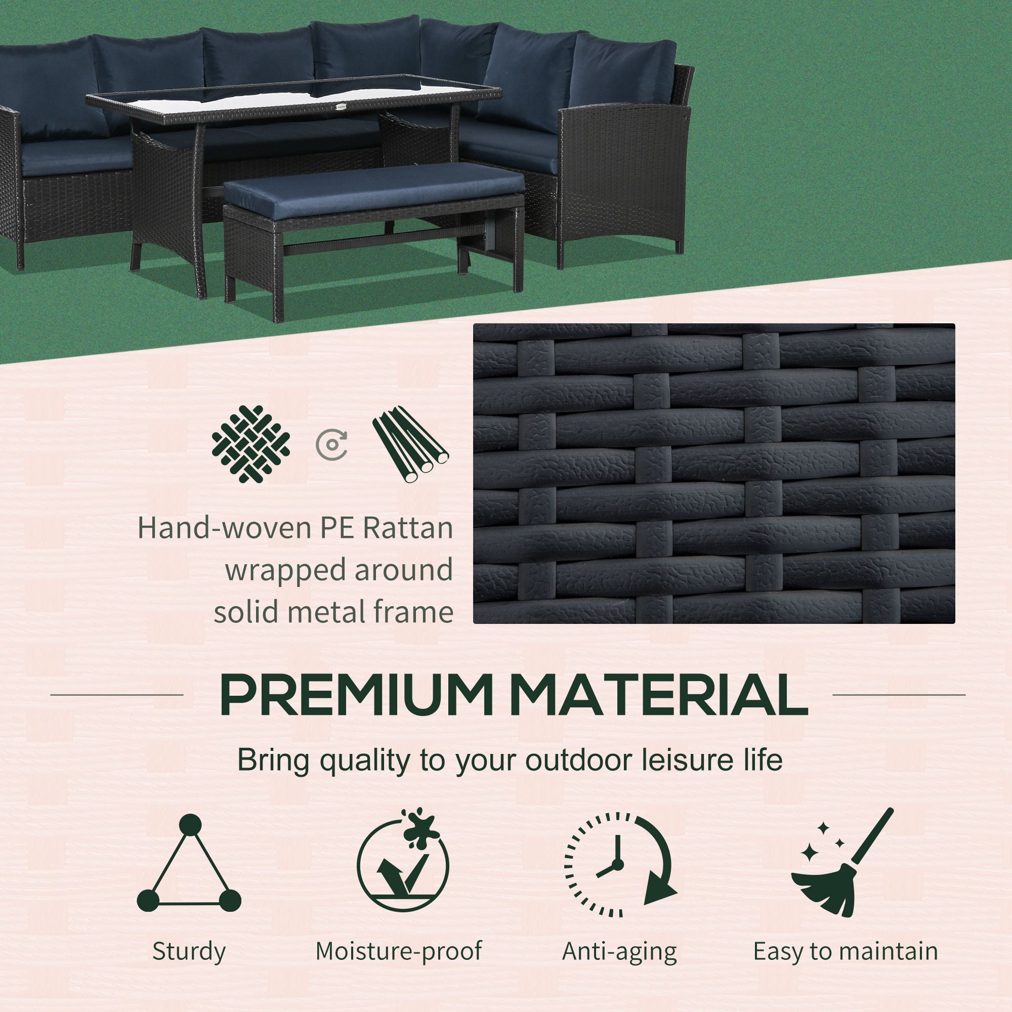 4-Piece Outdoor Rattan Patio Sofa Set – Dining Lounge with Cushions & Glass Table