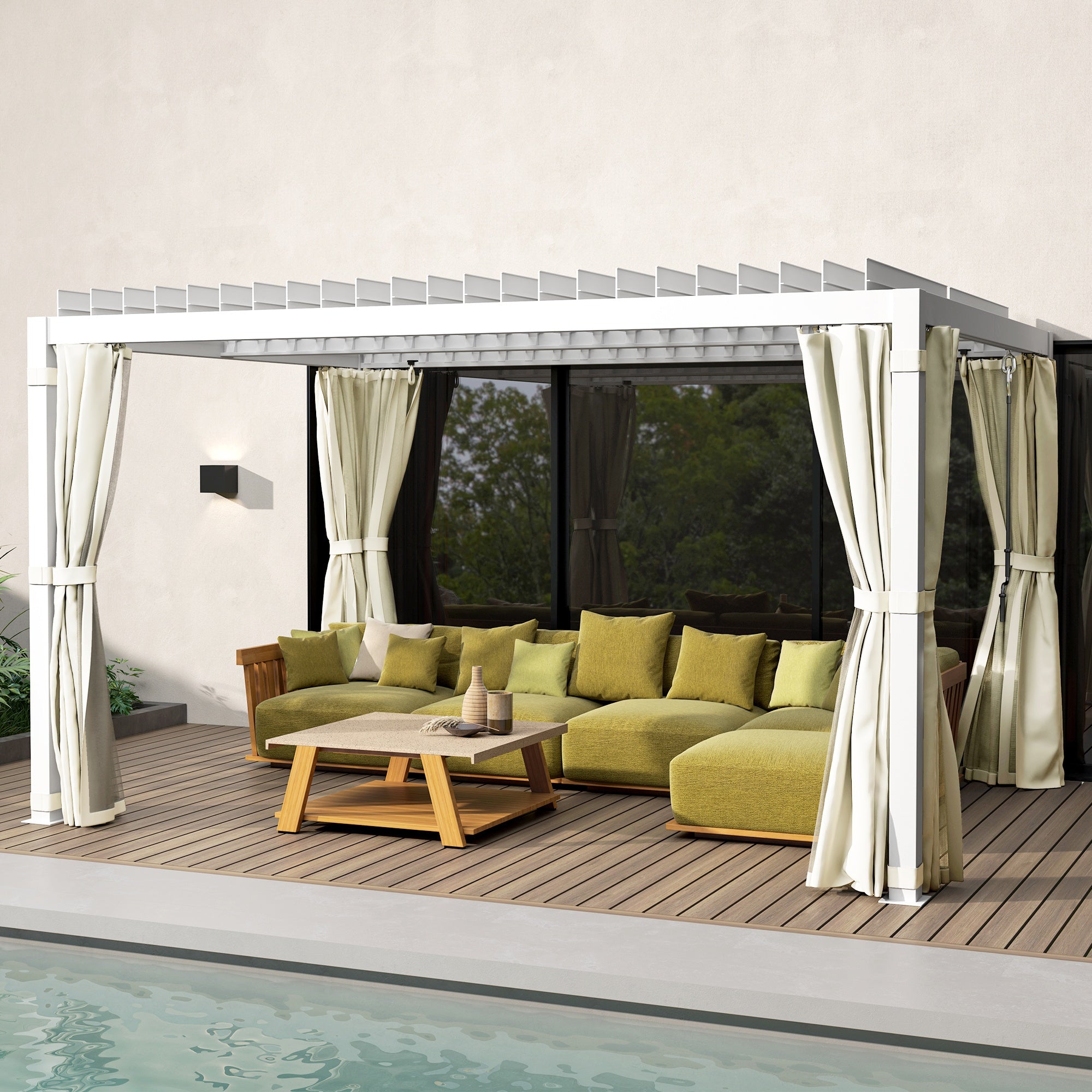 10' x 13' Adjustable Louvered Pergola with Curtains & Netting – Outdoor Aluminum Patio Gazebo for Shade & Privacy