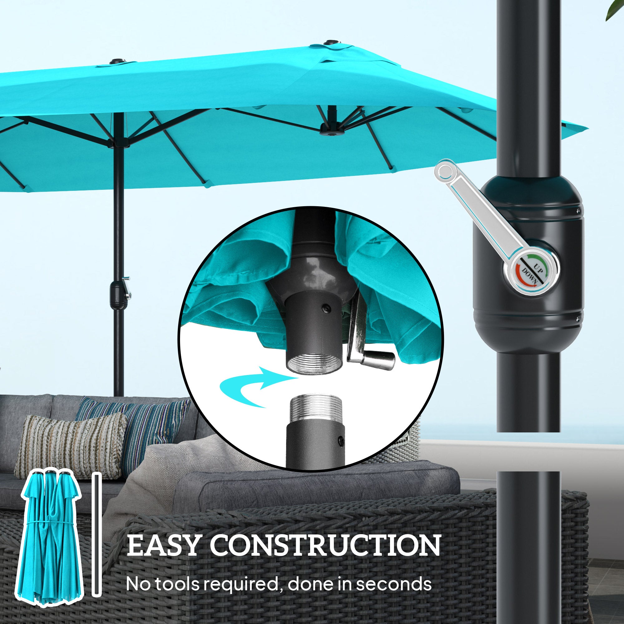 15 ft Extra-Large Double-Sided Patio Umbrella with Cross Base – UV-Resistant Outdoor Market Umbrella with Crank
