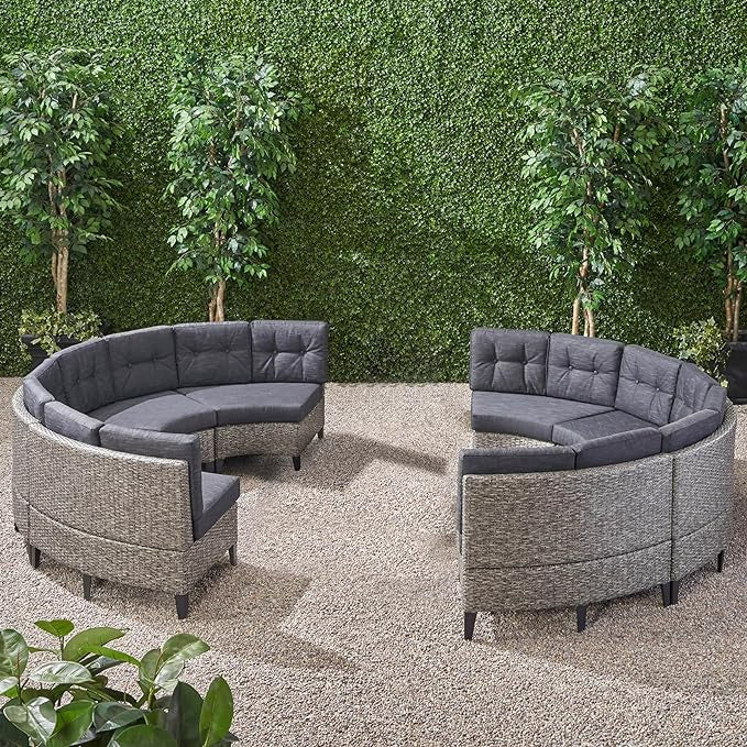 8-Seater Modular Outdoor Half-Circle Rattan Sofa Set – Weather-Resistant Patio Sectional with Cushions