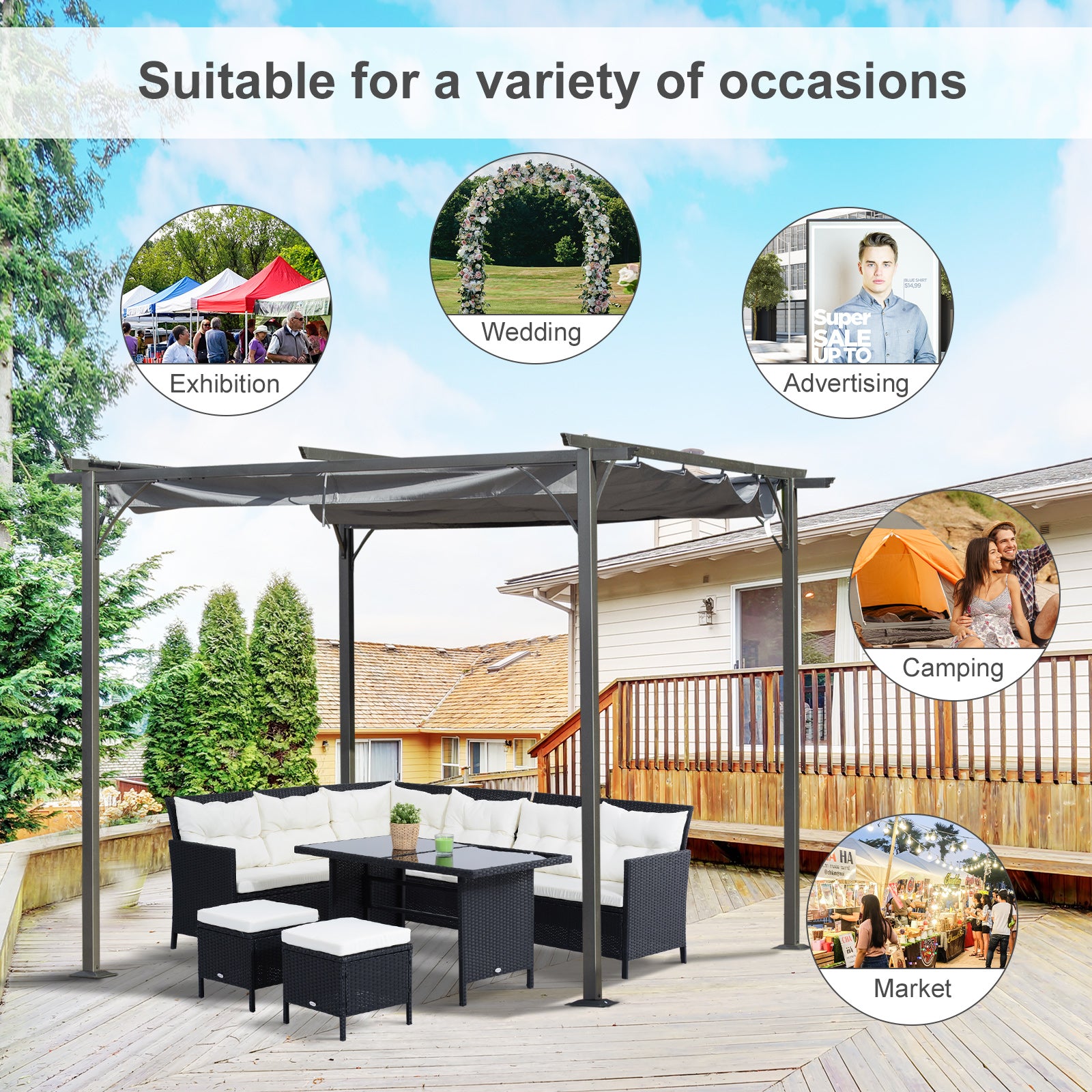 10' x 10' Outdoor Pergola with Retractable Canopy