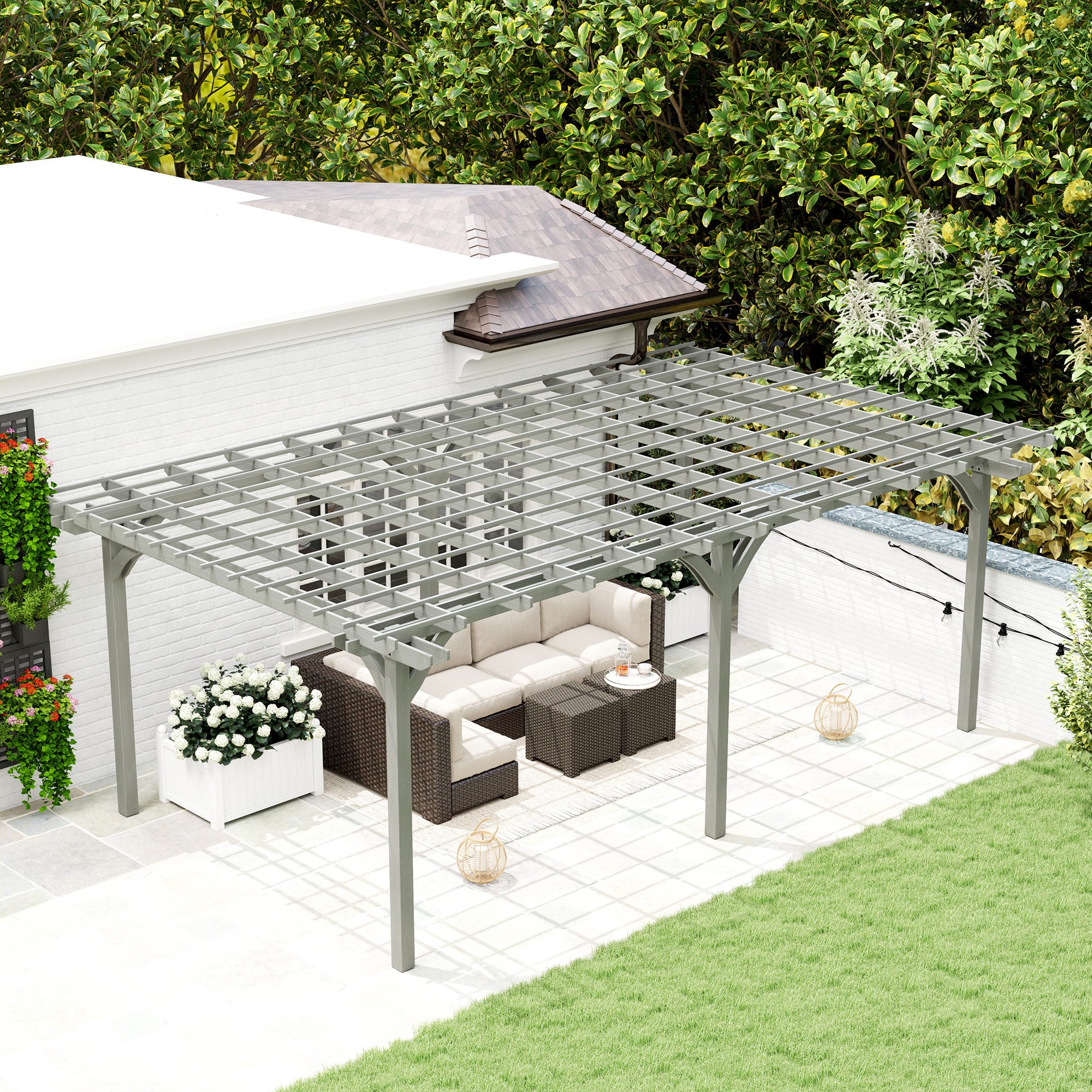 20' x 12' Wooden Garden Pergola with Open Roof and Plant Support