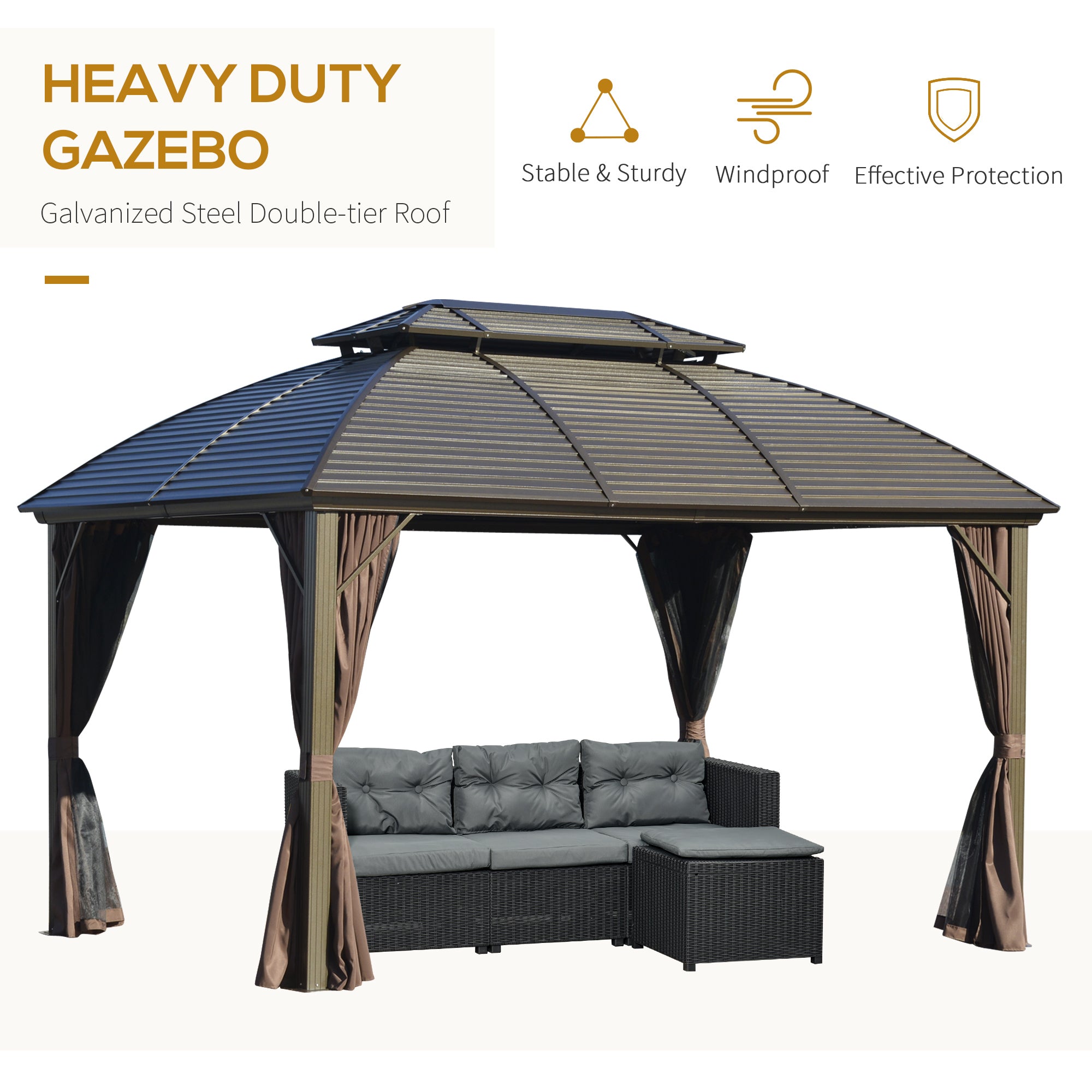 10' x 12' Aluminum Hardtop Gazebo with Curtains & Mesh Netting