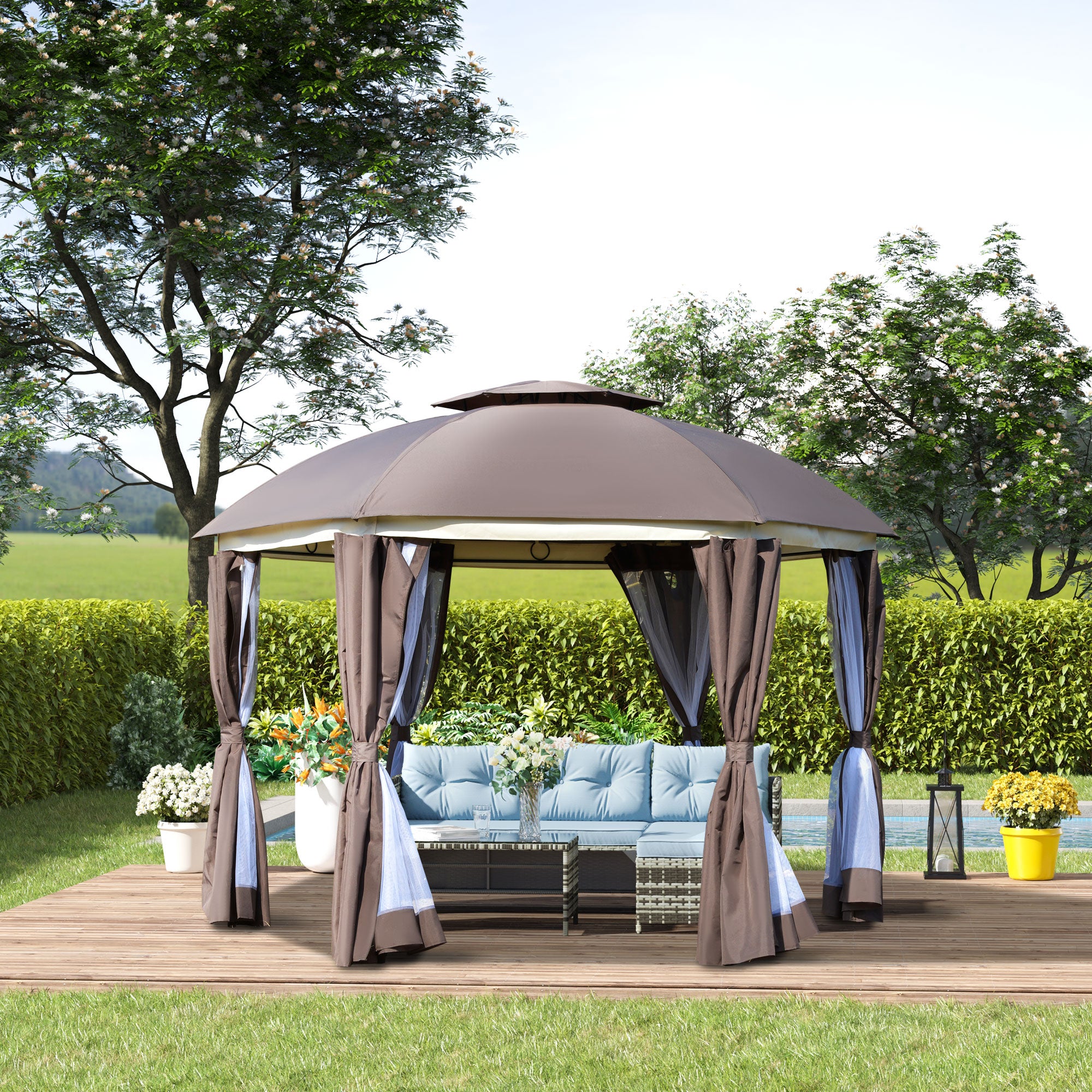 12 ft. Hexagonal Gazebo with Double Roof, Mesh Netting & Privacy Curtains – Outdoor Patio Canopy for Events & Entertaining