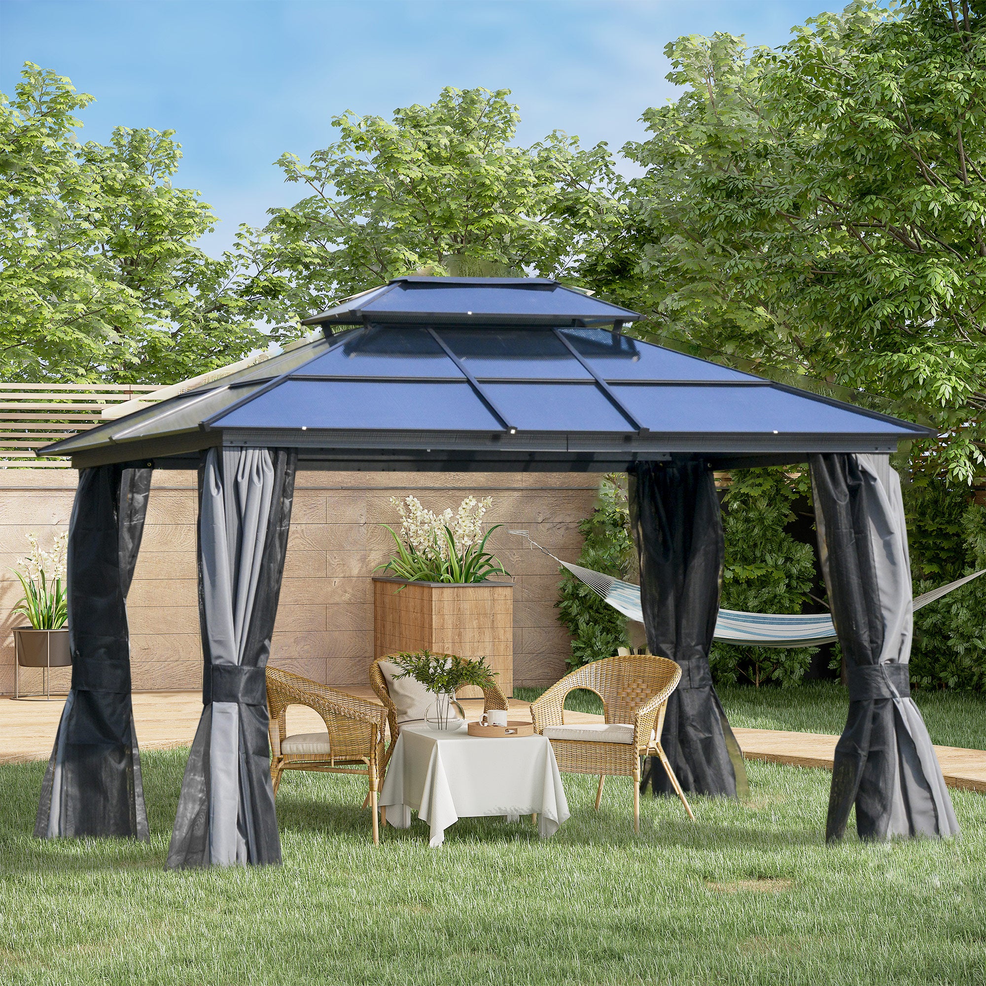 Aluminum Hardtop Gazebo with Curtains & Mesh Netting