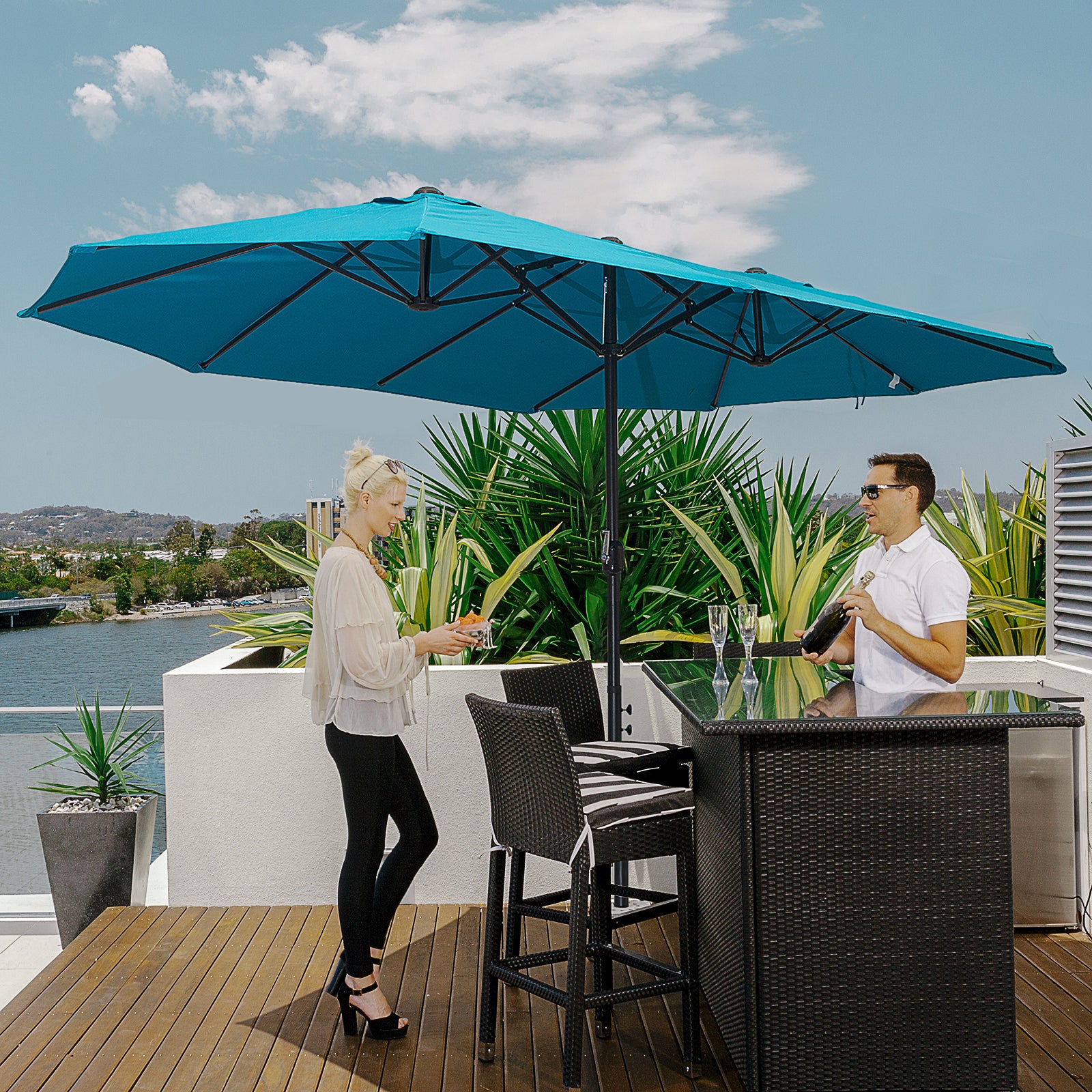 15ft Double-Sided Market Umbrella – Extra-Large Outdoor Patio Umbrella with Crank Lift – UV-Resistant Fabric for Poolside, Garden, or Deck