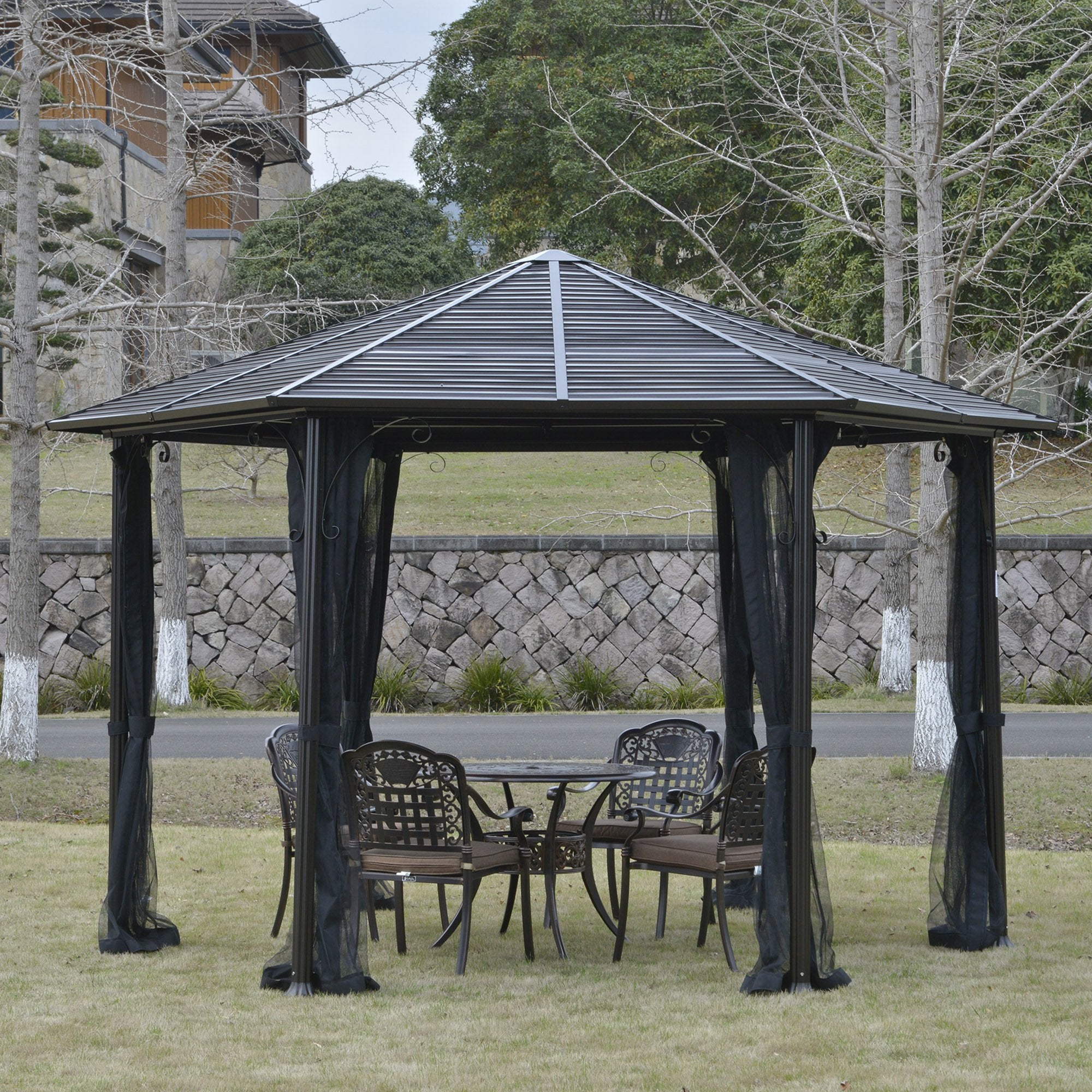 Metal Hardtop Gazebo with Netting and Curtains