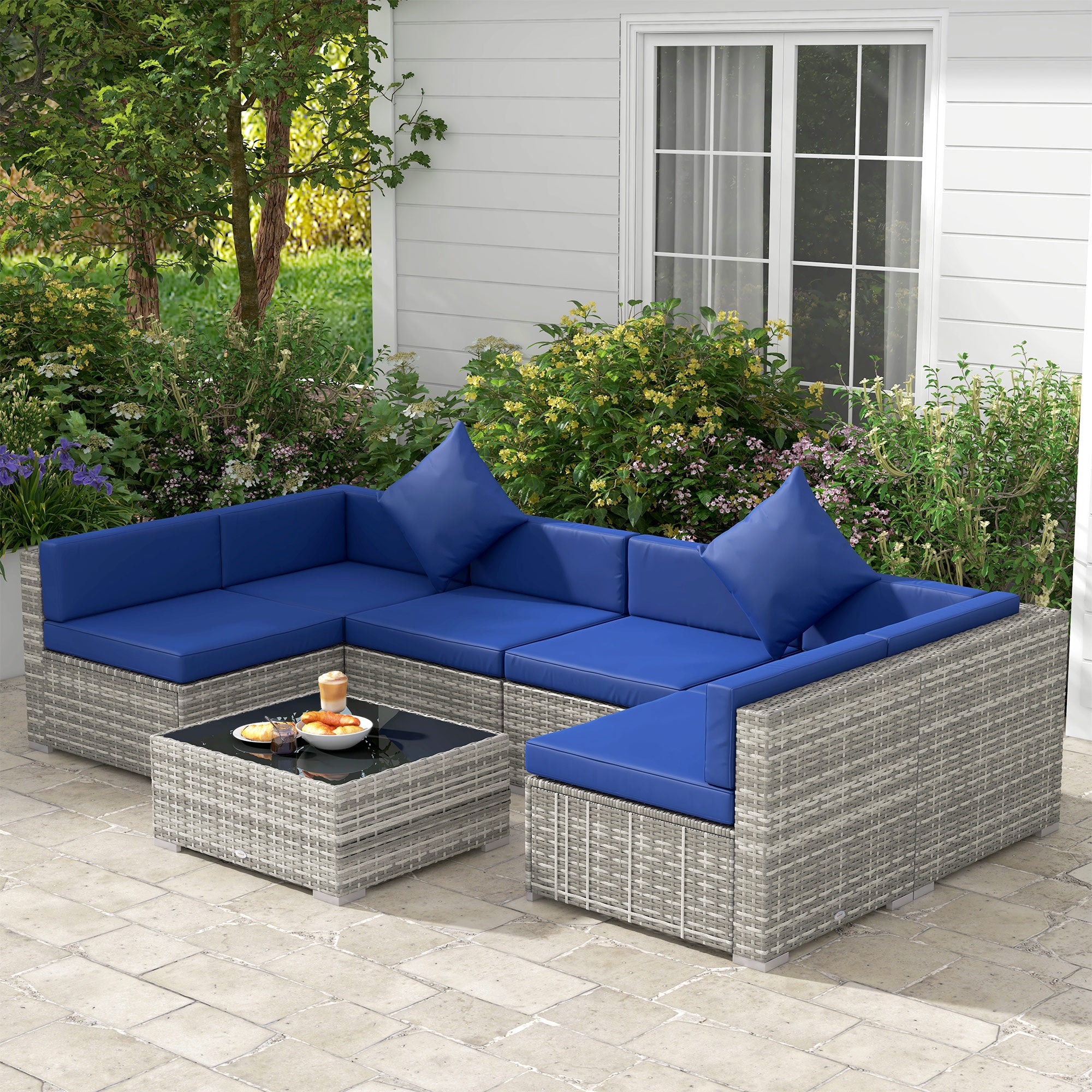 7-Piece Rattan Outdoor Sectional Sofa Set – Modular Patio Seating with Cushions & Glass Coffee Table
