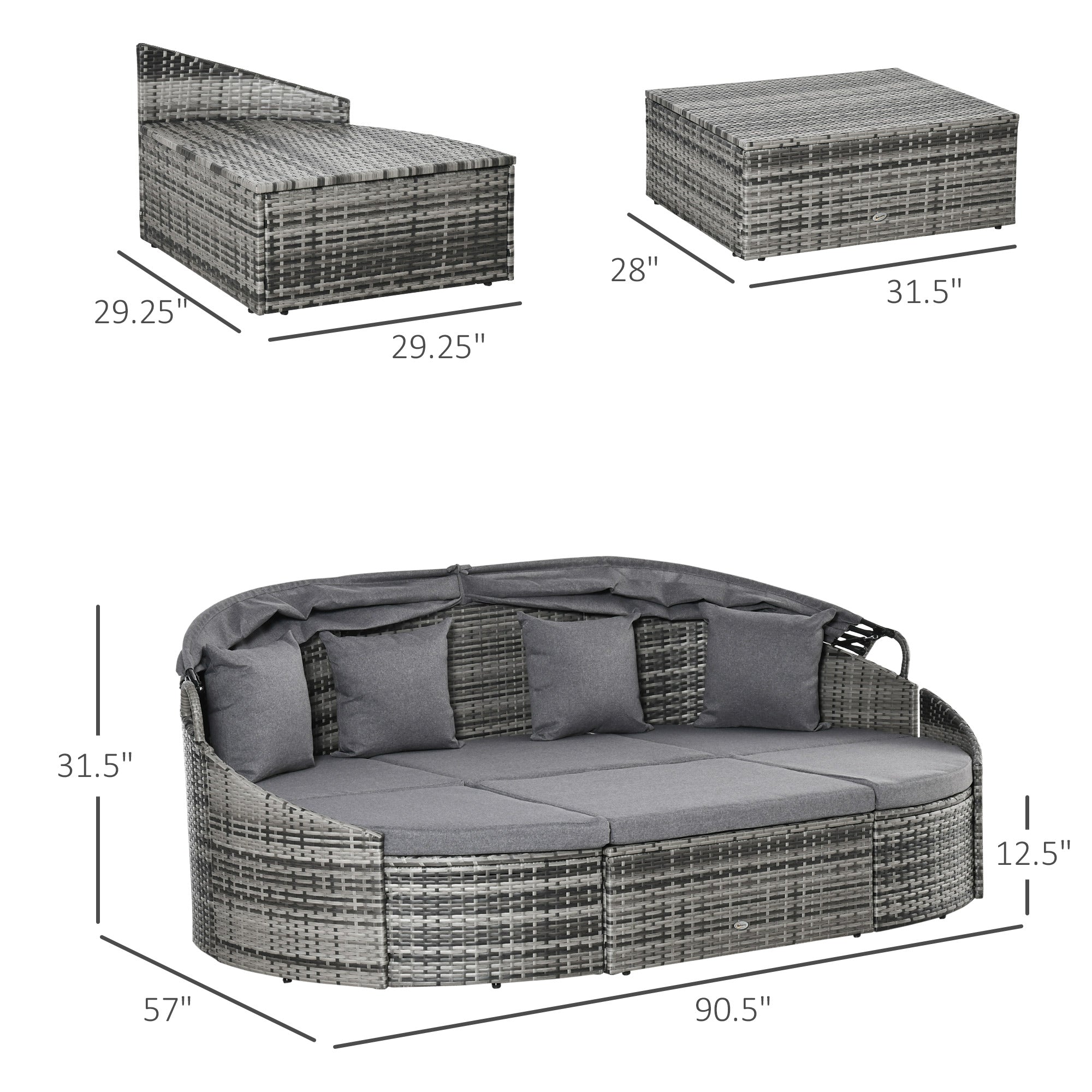 4-Piece Outdoor Convertible Daybed with Retractable Canopy – Rattan Patio Sectional Sofa Set with Cushions