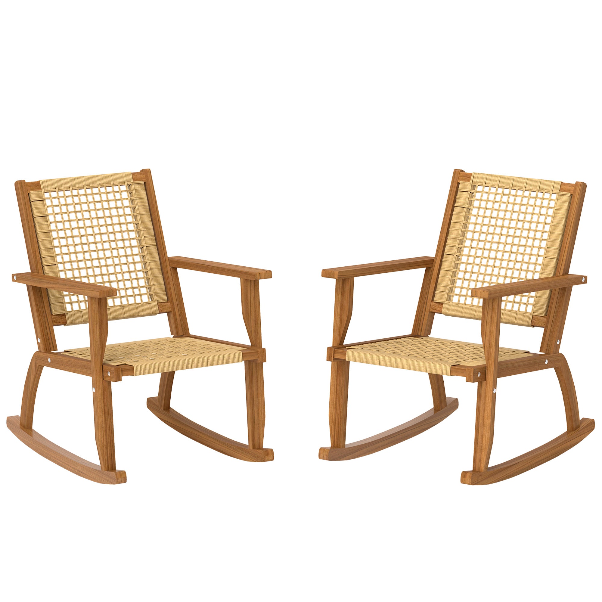 2-Piece Acacia Wood Outdoor Rocking Chair Set with Wicker Back and Seat