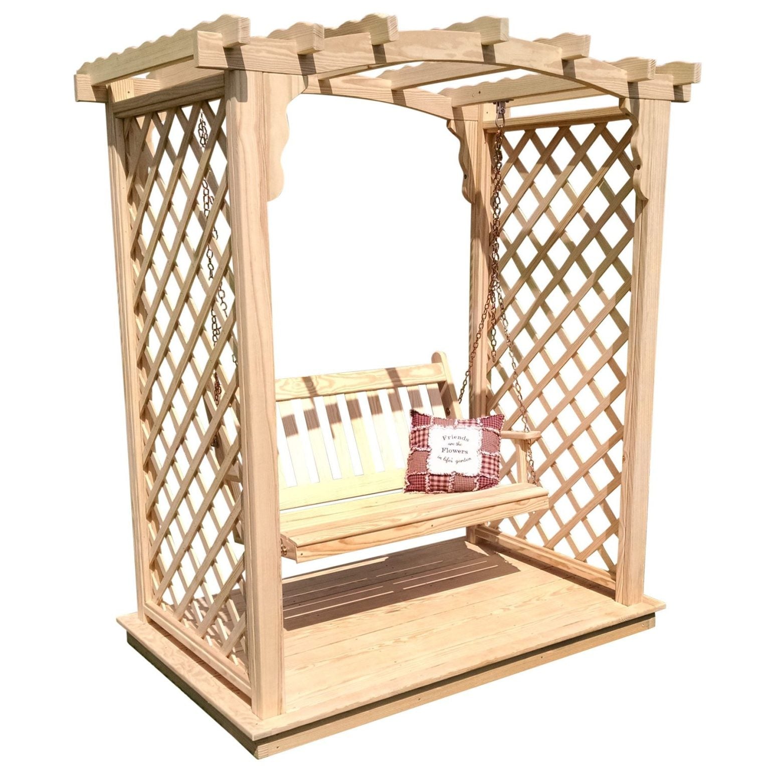 Handcrafted Amish Arbor with Deck & Swing – Custom Pine Finish Options, Made in USA