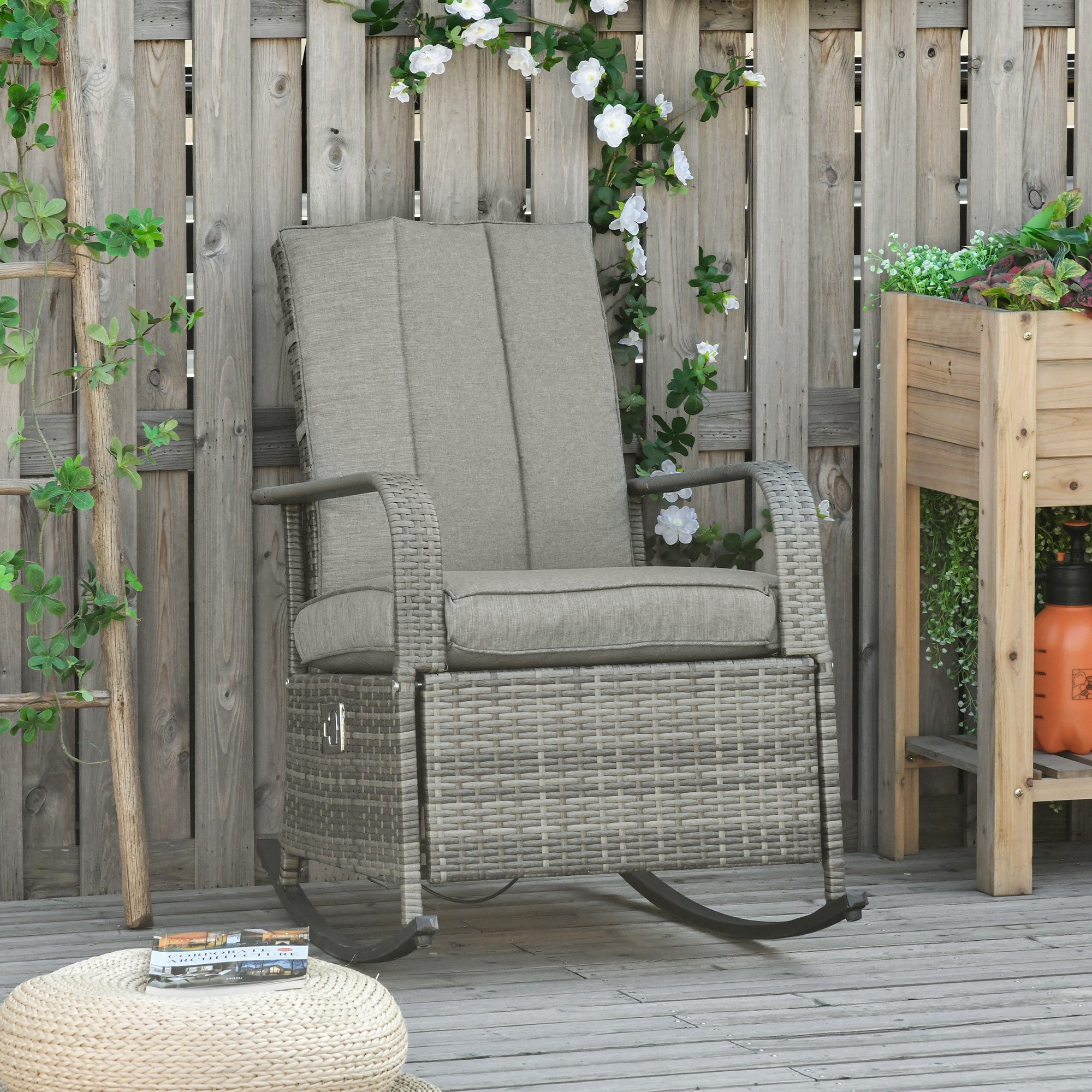 Outdoor Reclining Rattan Rocking Chair with Cushions – Adjustable Footrest, All-Weather PE Wicker