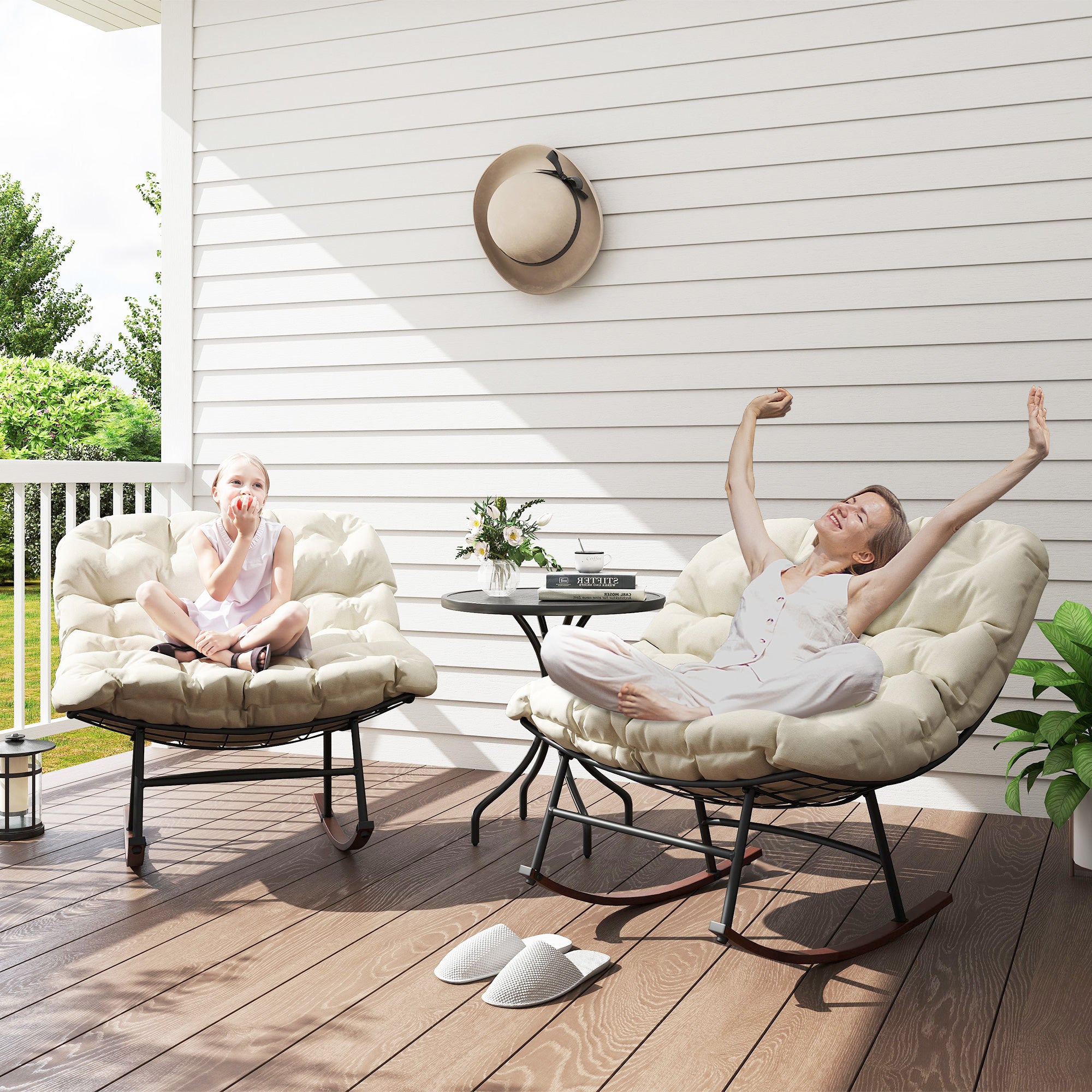 2-Piece Modern Outdoor Papasan Rocking Chair Set with Cushions – Steel Frame with Woodgrain Finish