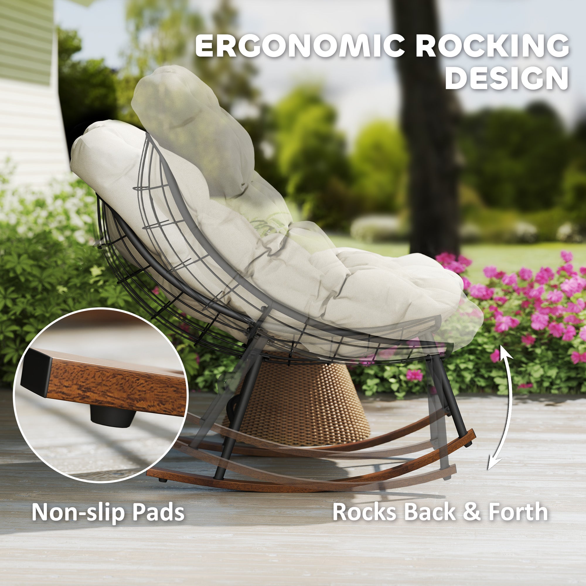 2-Piece Modern Outdoor Papasan Rocking Chair Set with Cushions – Steel Frame with Woodgrain Finish