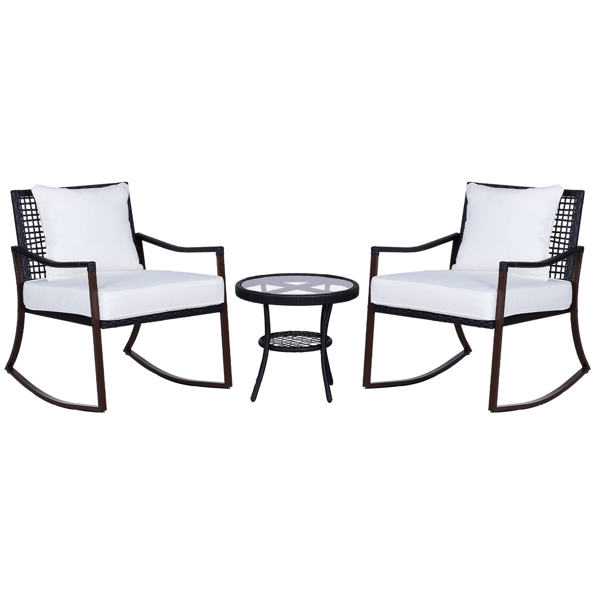 3-Piece Outdoor Rocking Chair Set with Tempered Glass Table