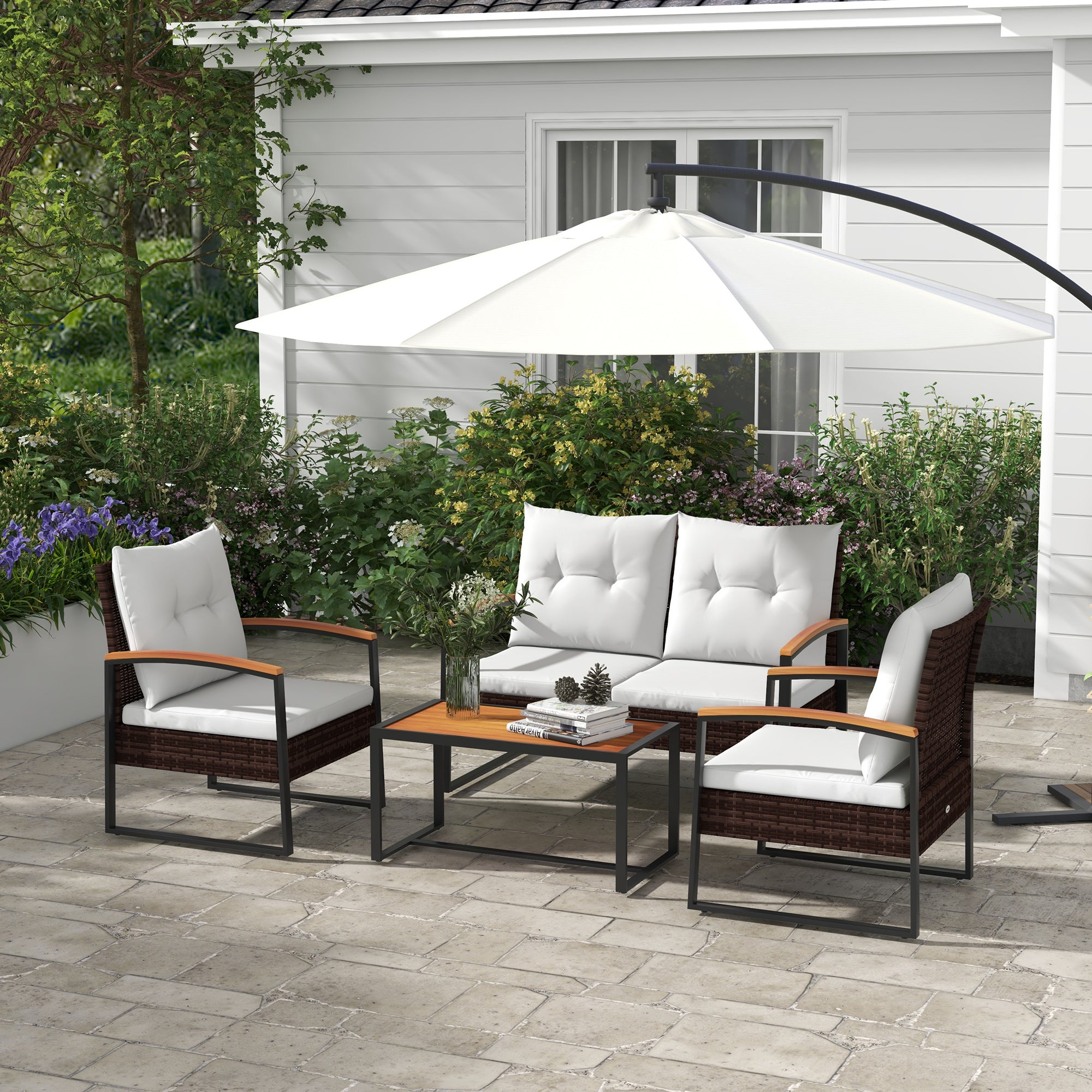 4-Piece Rattan Patio Furniture Set with Acacia Wood Coffee Table & Cushions