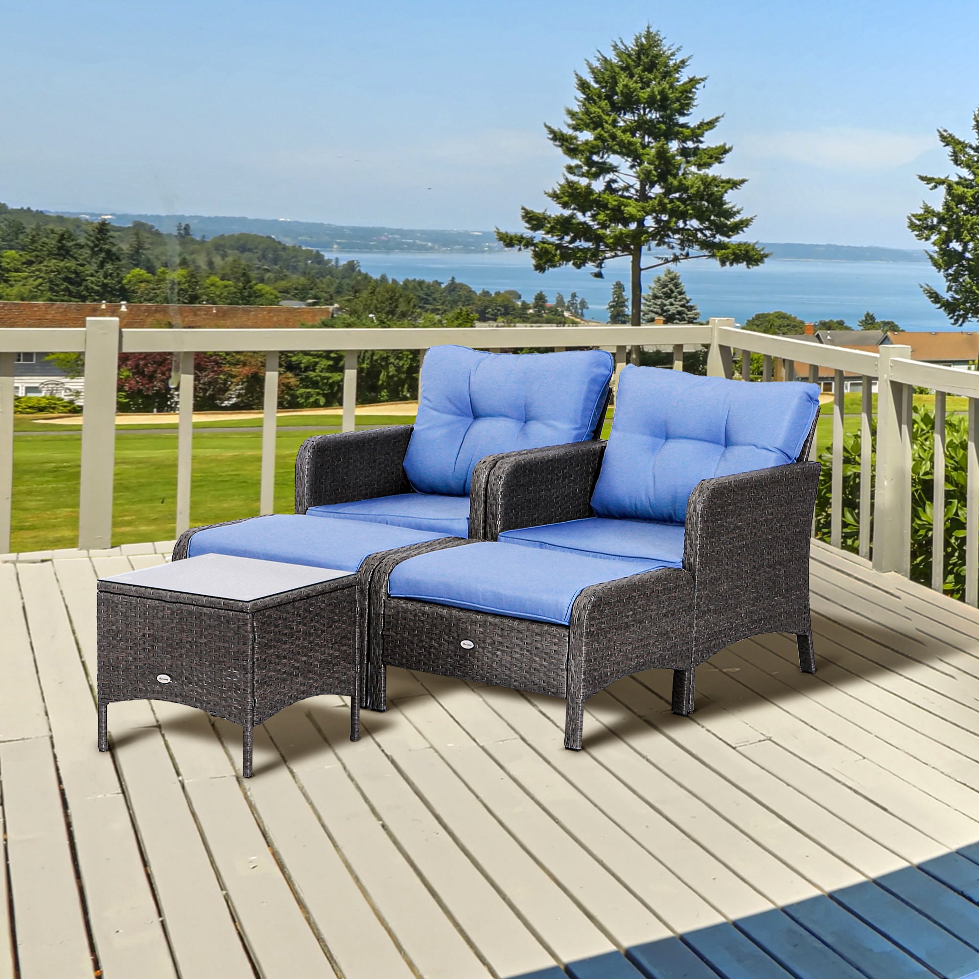 5-Piece Outdoor Rattan Conversation Set – Patio Armchairs with Ottomans, Cushions & Coffee Table