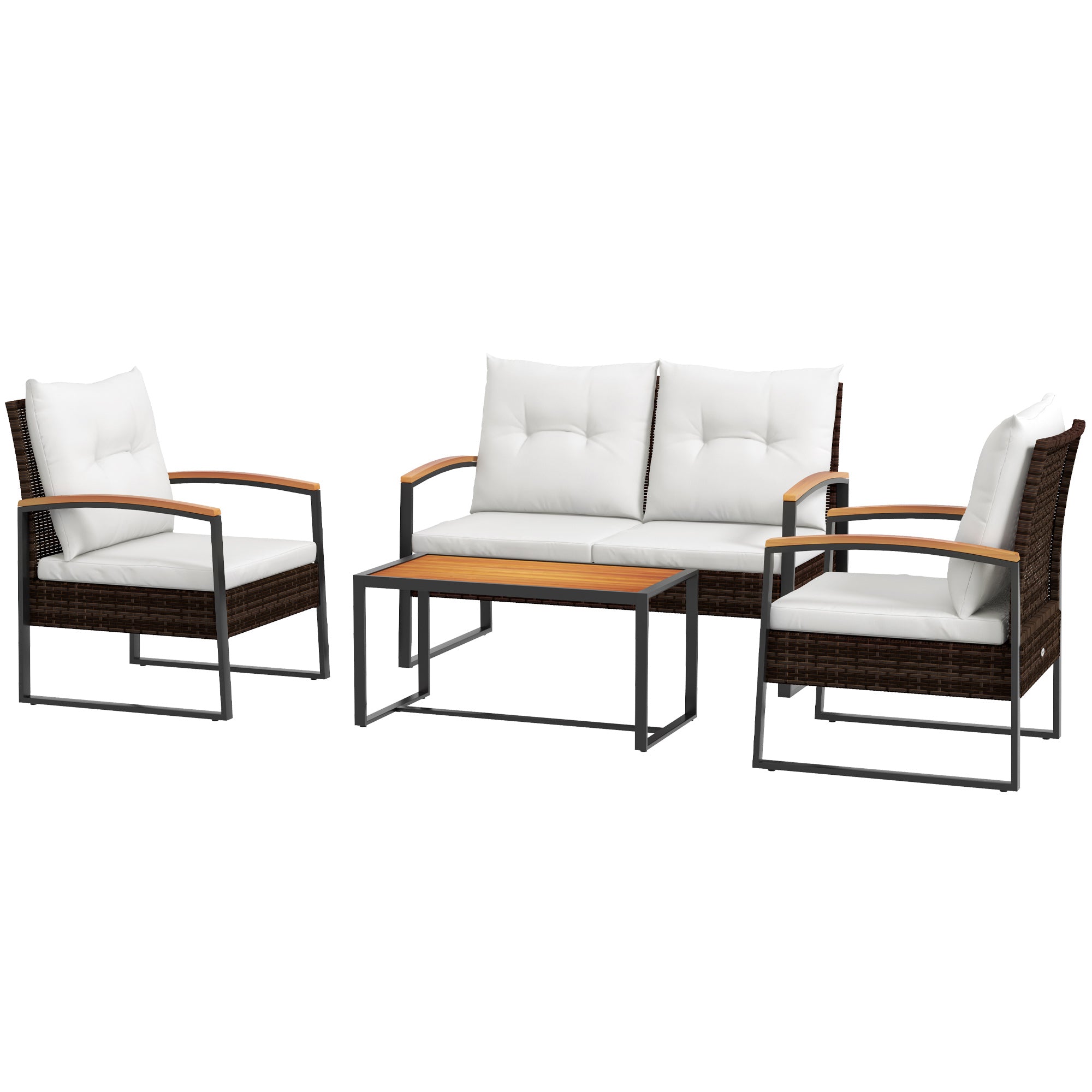 4-Piece Rattan Patio Furniture Set with Acacia Wood Coffee Table & Cushions