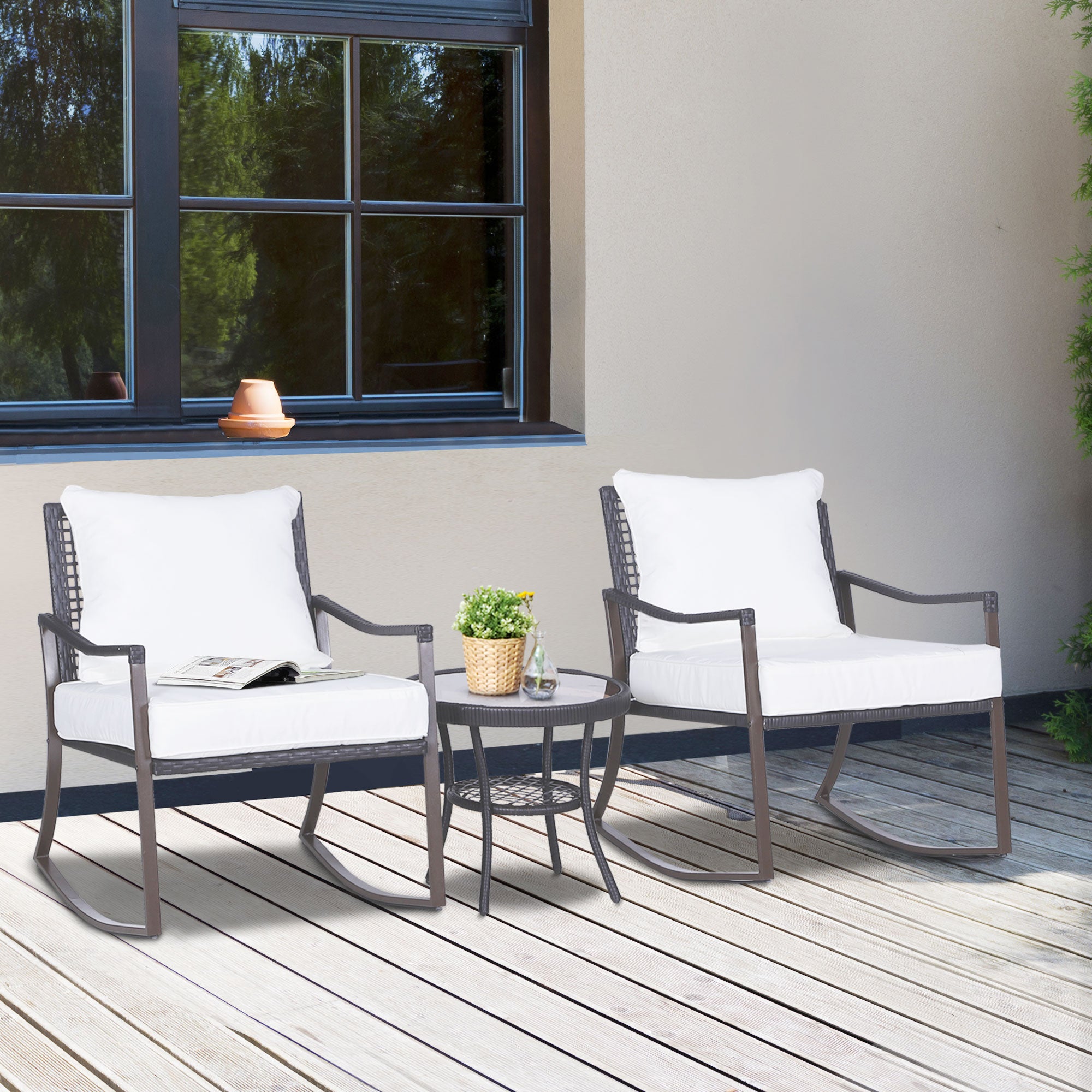 3-Piece Outdoor Rocking Chair Set with Tempered Glass Table