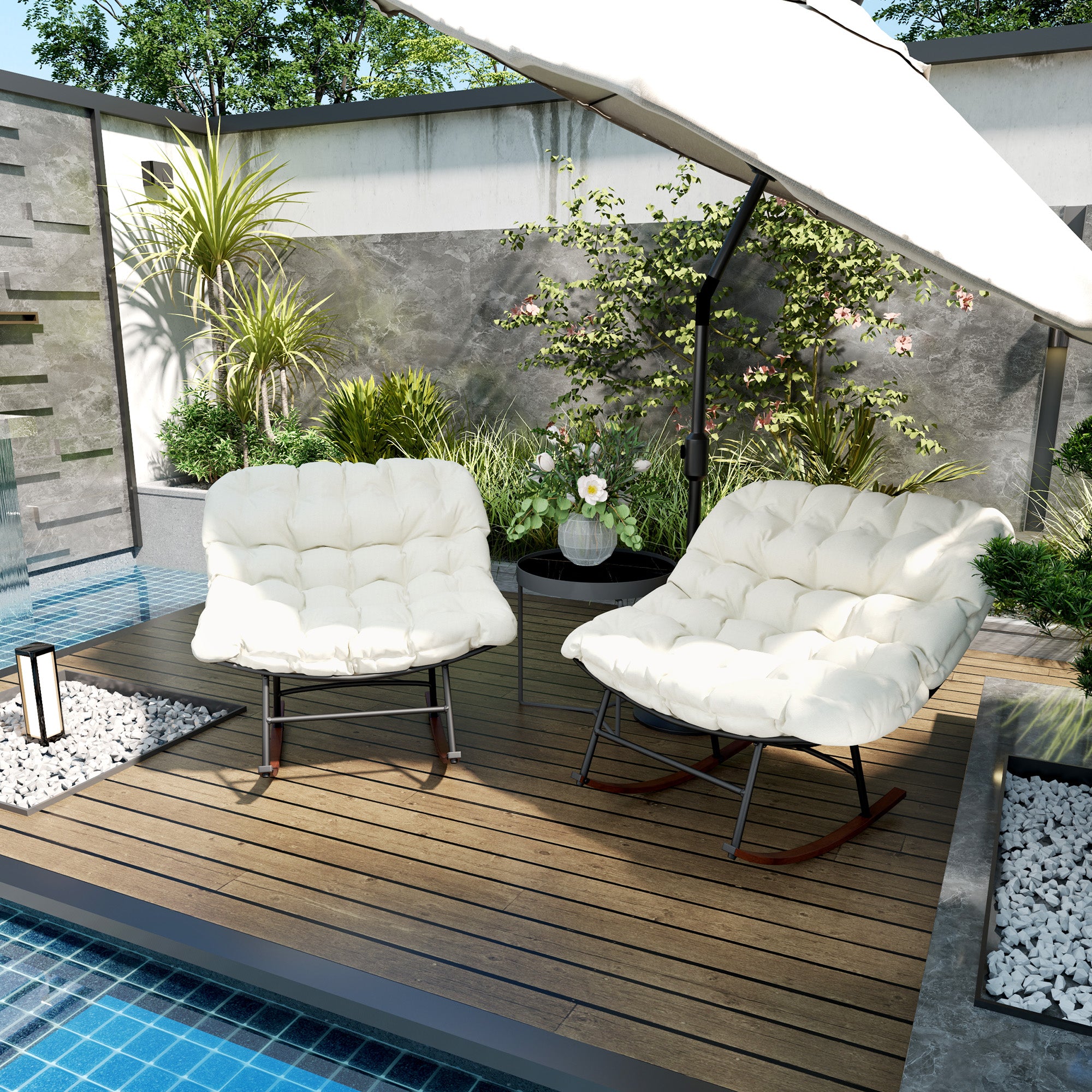 2-Piece Modern Outdoor Papasan Rocking Chair Set with Cushions – Steel Frame with Woodgrain Finish