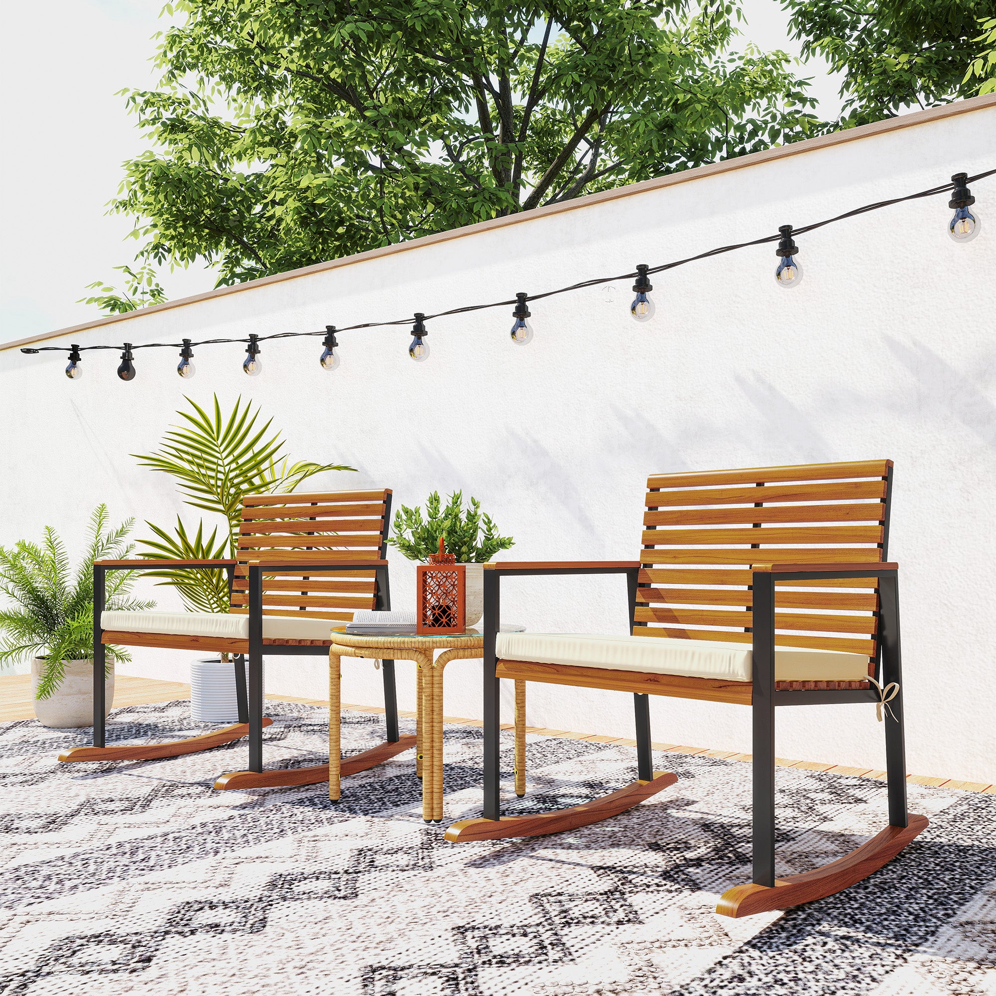 2-Piece Acacia Wood Outdoor Rocking Chair Set with Cushions