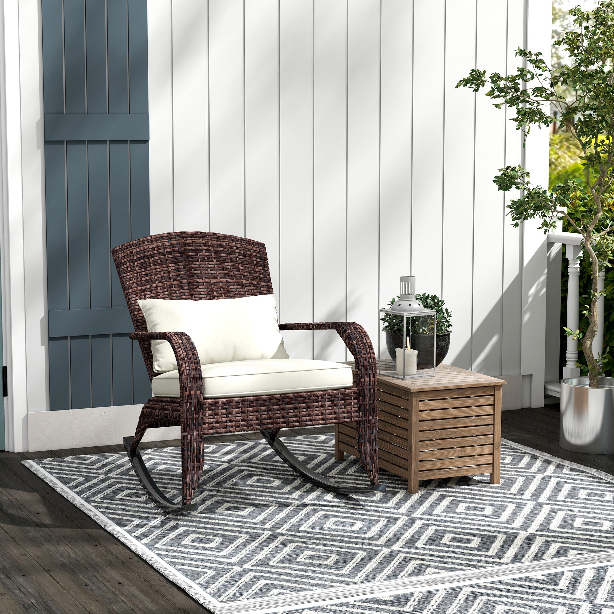 PE Rattan Adirondack Rocking Chair – Handwoven Wicker Style with Cushions