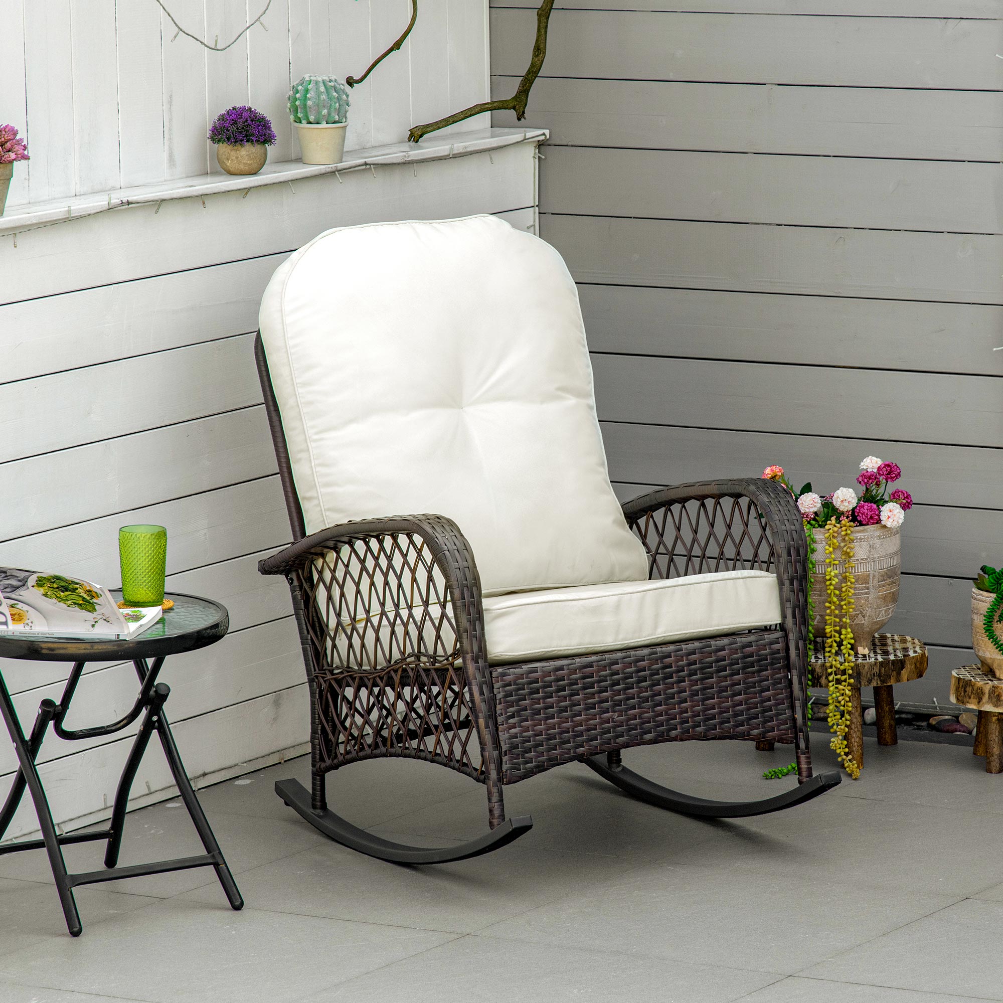 All-Weather Rattan Rocking Chair with Cushions – Indoor/Outdoor Patio Seating