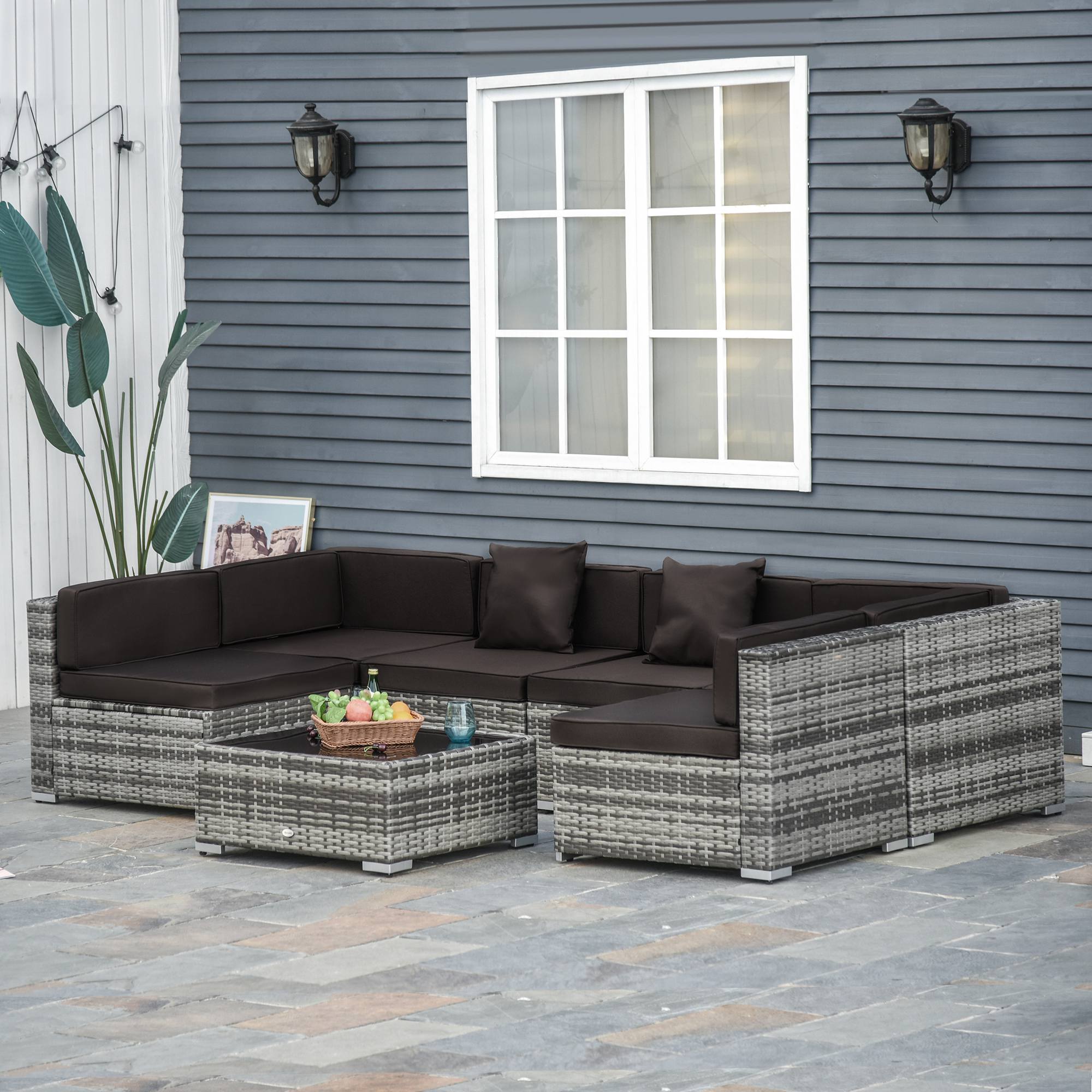7-Piece Rattan Outdoor Sectional Sofa Set – Modular Patio Seating with Cushions & Glass Coffee Table