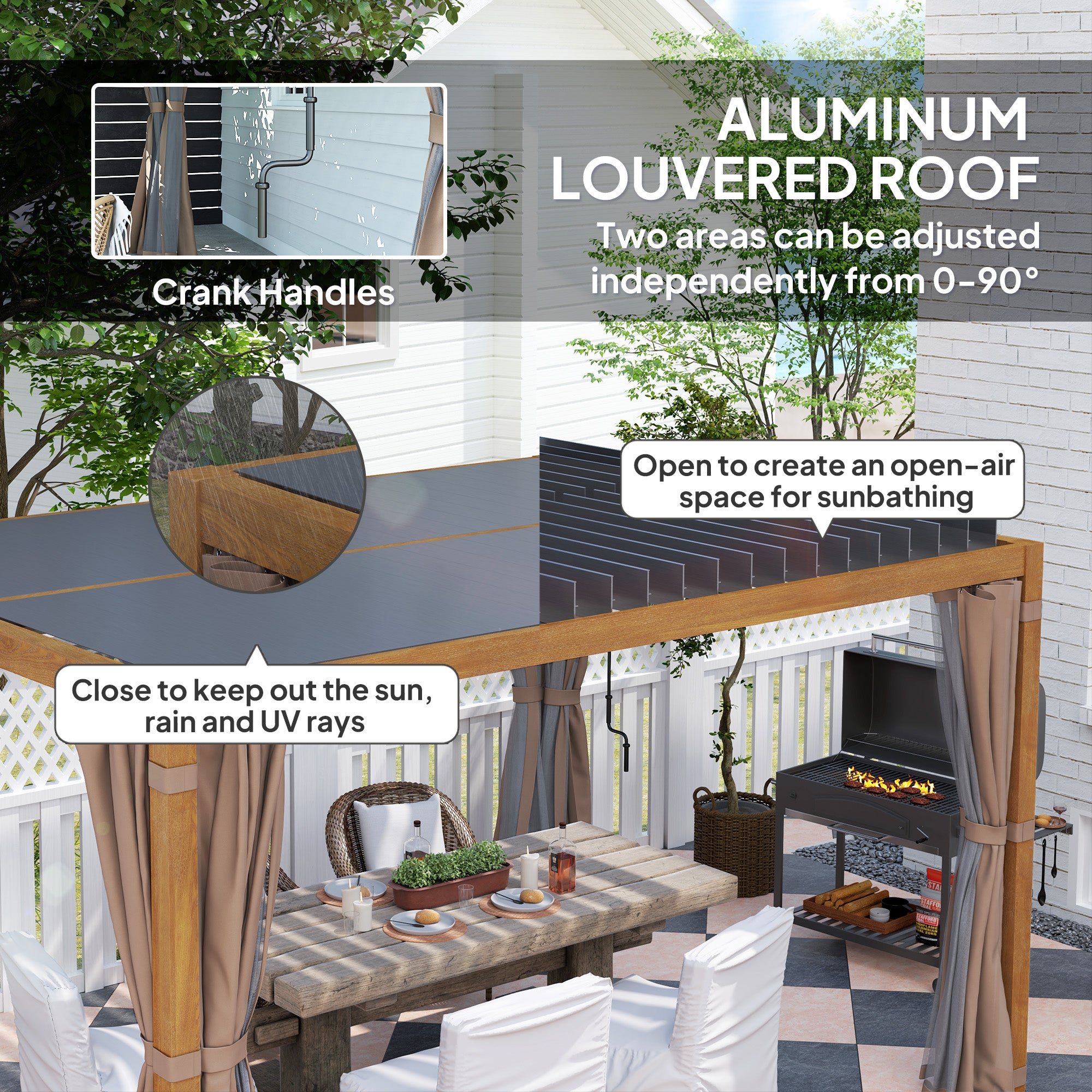10' x 13' Adjustable Louvered Pergola with Curtains & Netting – Outdoor Aluminum Patio Gazebo for Shade & Privacy